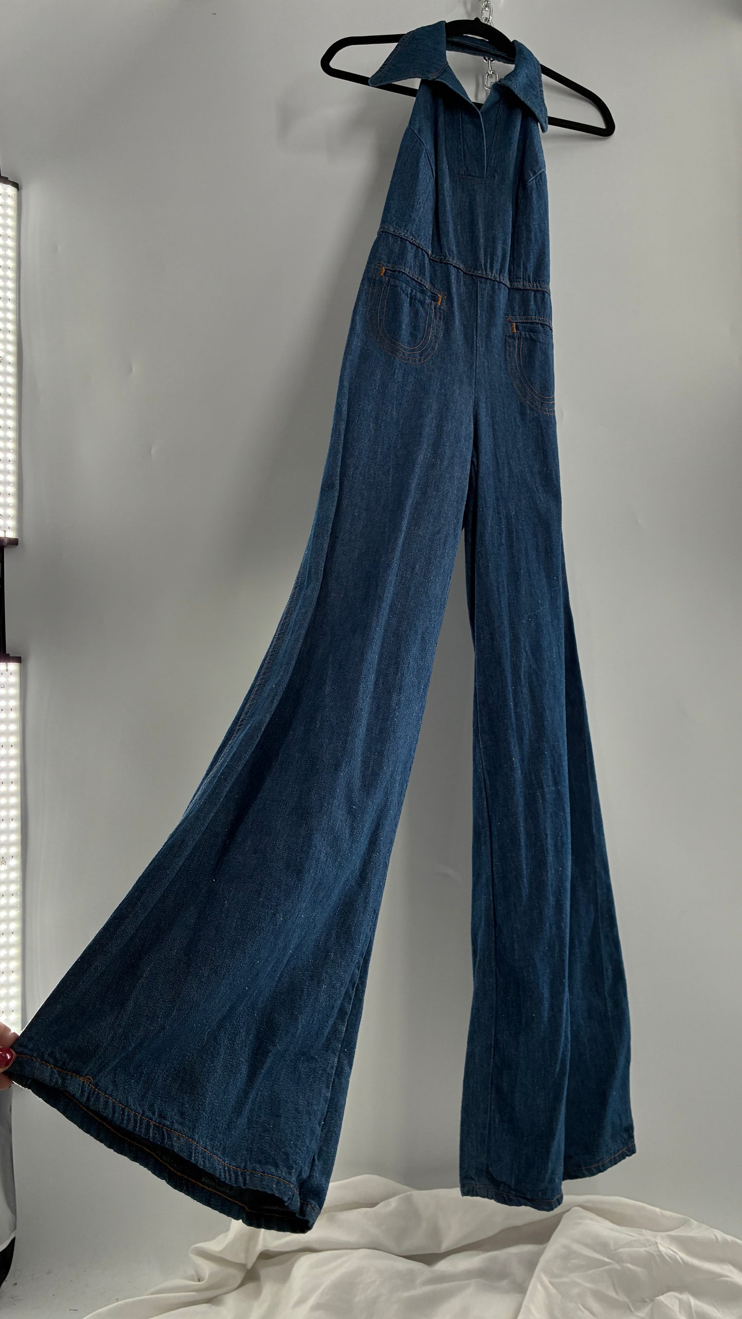 RARE Vintage 1970s Landlubber Medium Wash Denim, Sleeveless Halter, Wide Leg Bell Bottom, Jumpsuit (No Size on Tag, XS)