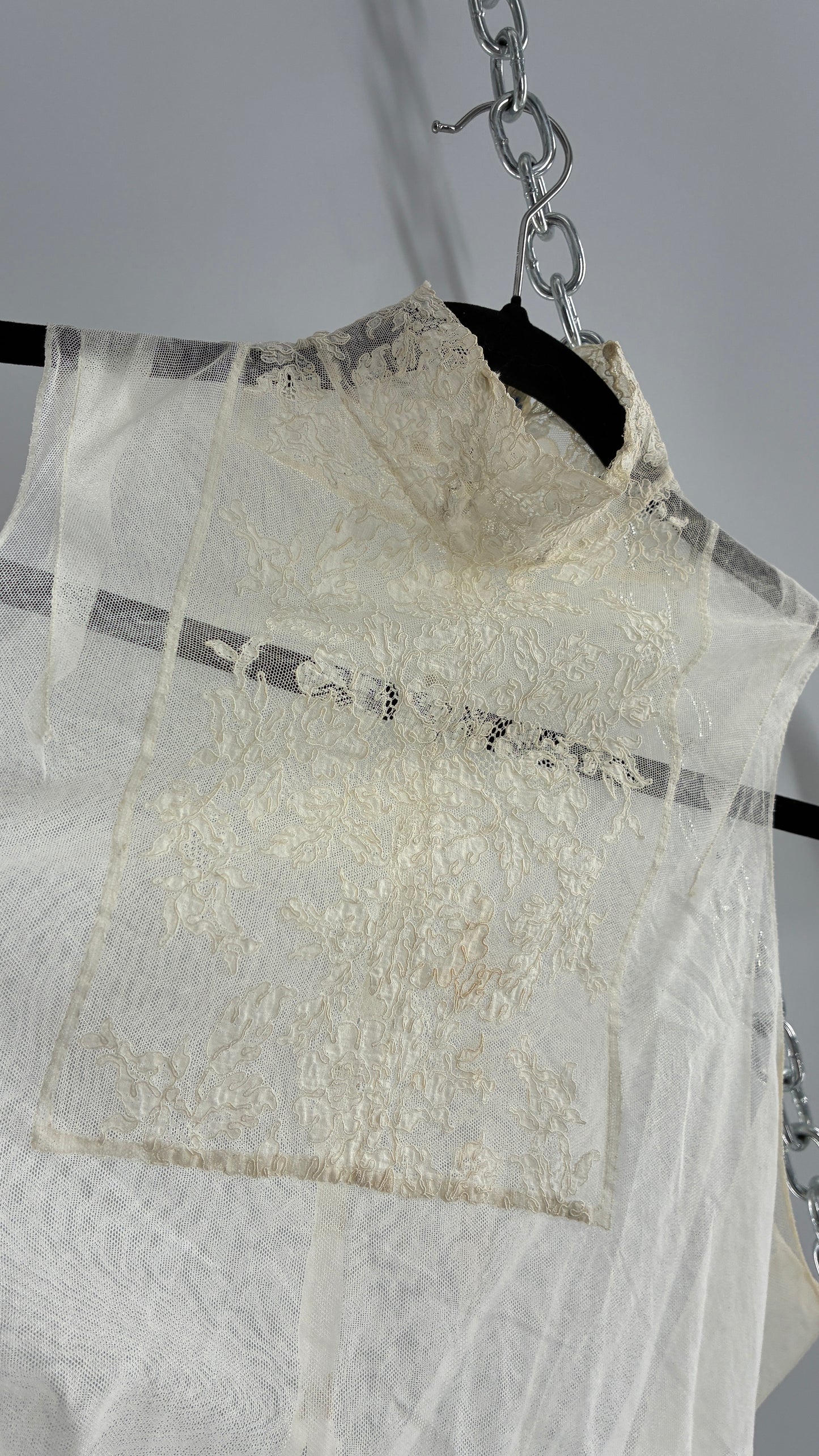 Vintage Antique Sheer Delicate Mesh, Mock Neck, Lace Paneled Camisole with Drawstring Waistline (XS/S)