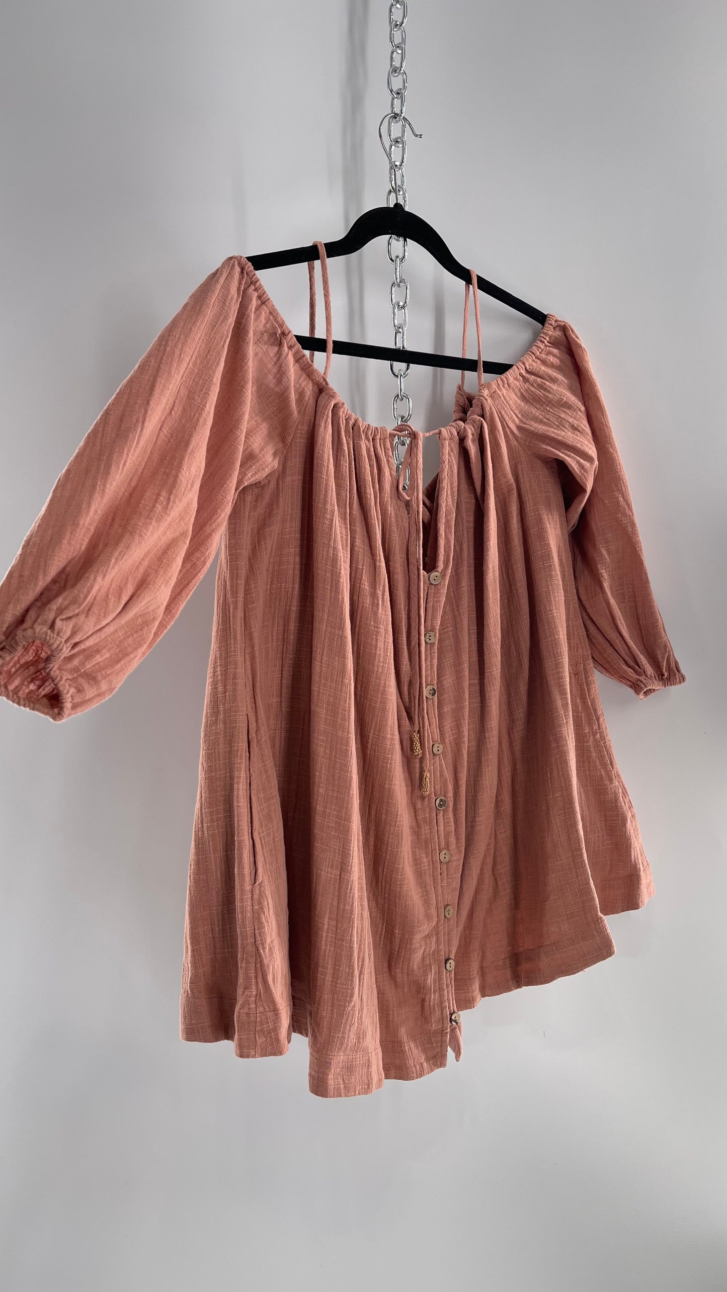 Free People Peachy Pink Coral Off the Shoulder 100% Cotton Voluminous Button Front Blouse (Small)