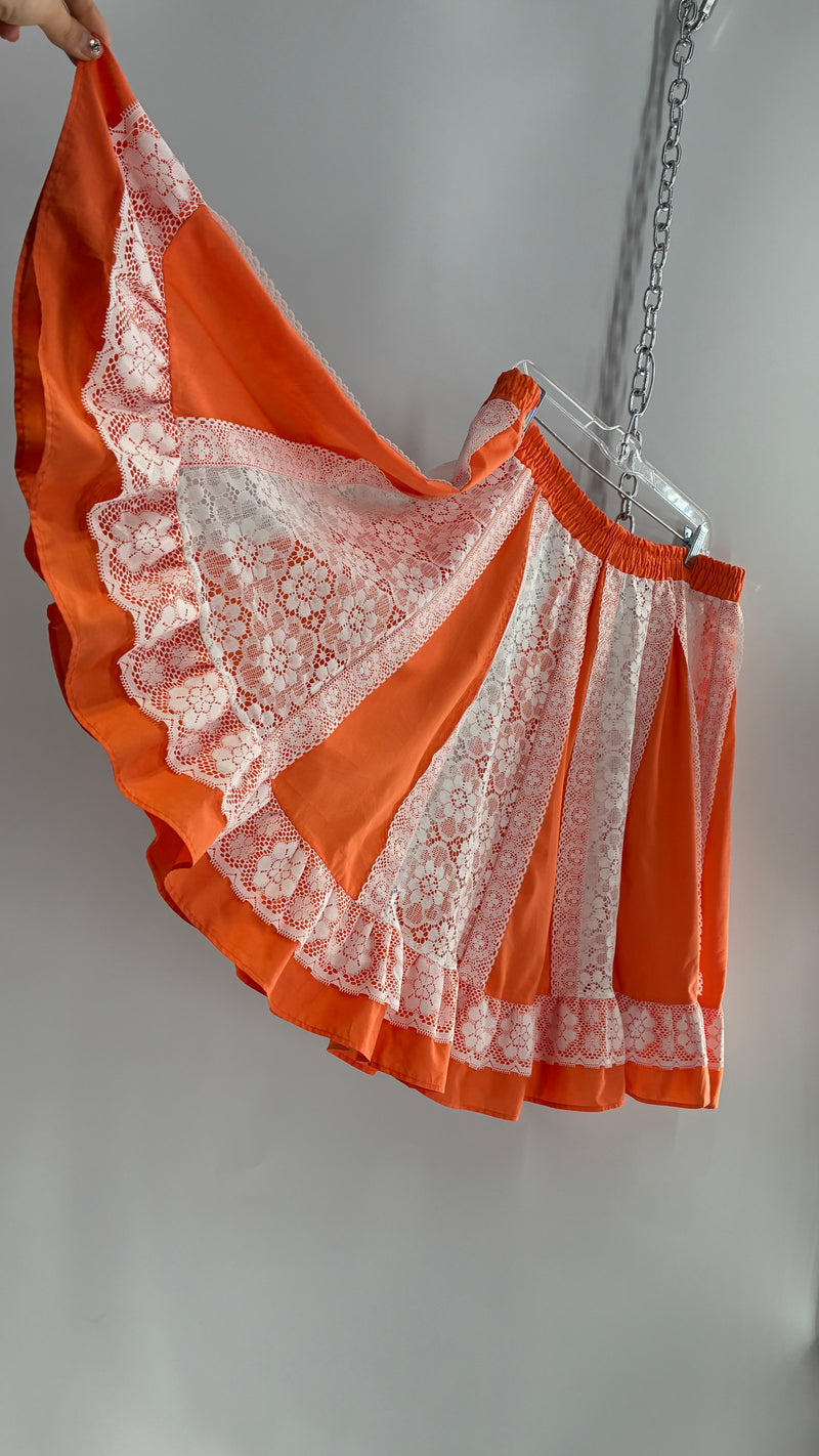 Vintage 1970s Handmade Sheer Lace Paneled Orange Mini Skirt (XL)