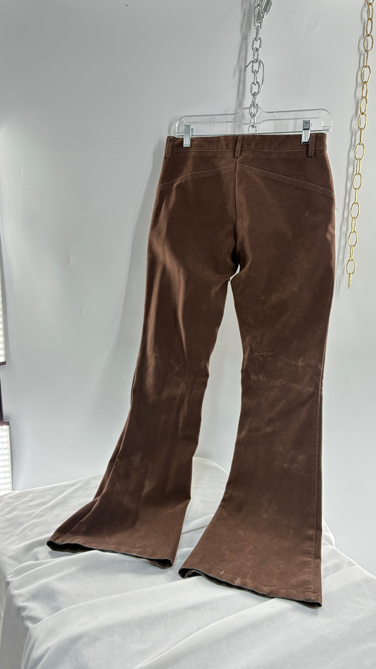Vintage ECOTE Vegan Leather Velour Brown Lace Up Closure, Low Rise, Boot Leg Pants (Small)