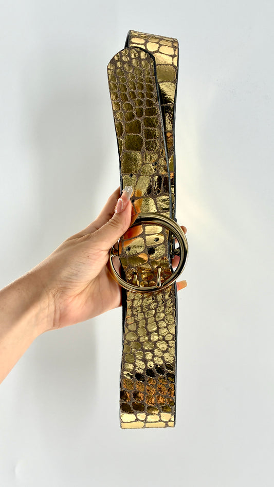 Vintage Free People Metallic Gold Leather Embossed Round Buckle Belt (S/M)