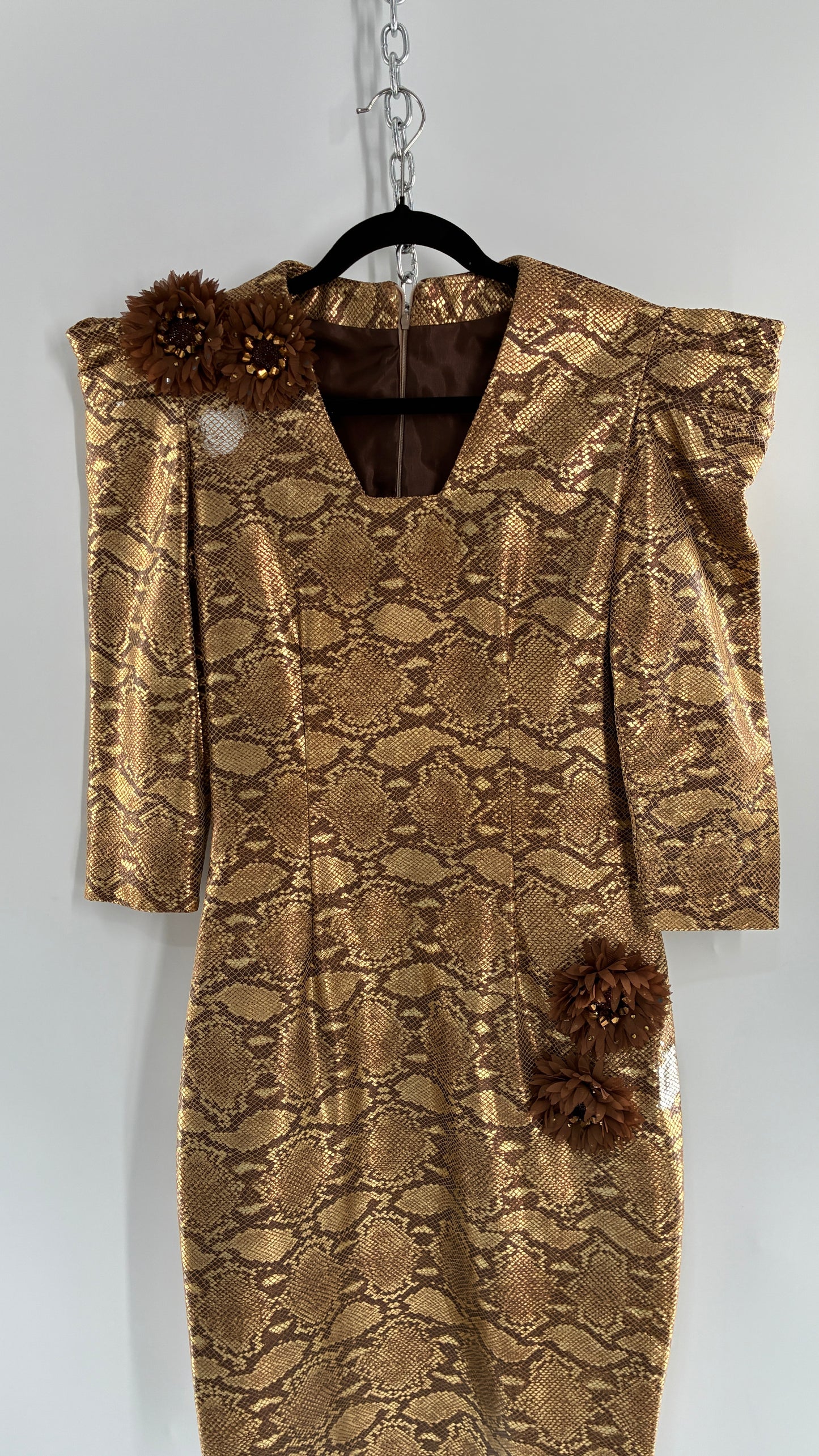 Vintage 1980s Handmade Genuine Leather Snakeskin Bronze Midi Dress with Floral Appliqués (Medium, See Measurements)