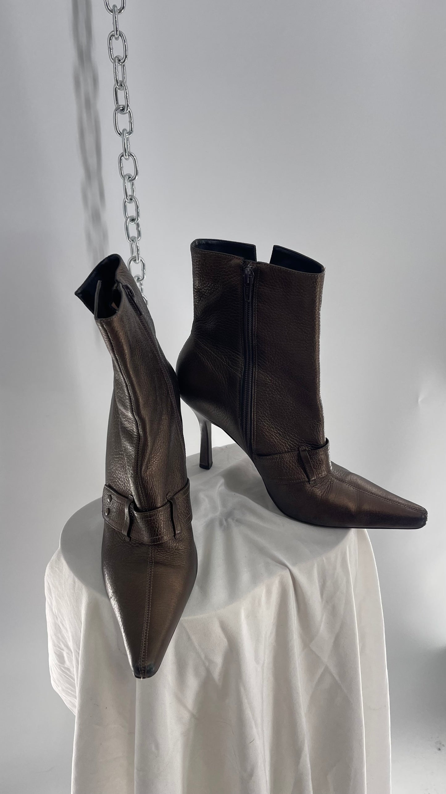 Vintage GIANNI  Metallic Bronze Pointed Toe Buckle Strap Boots Made in Brazil (38)