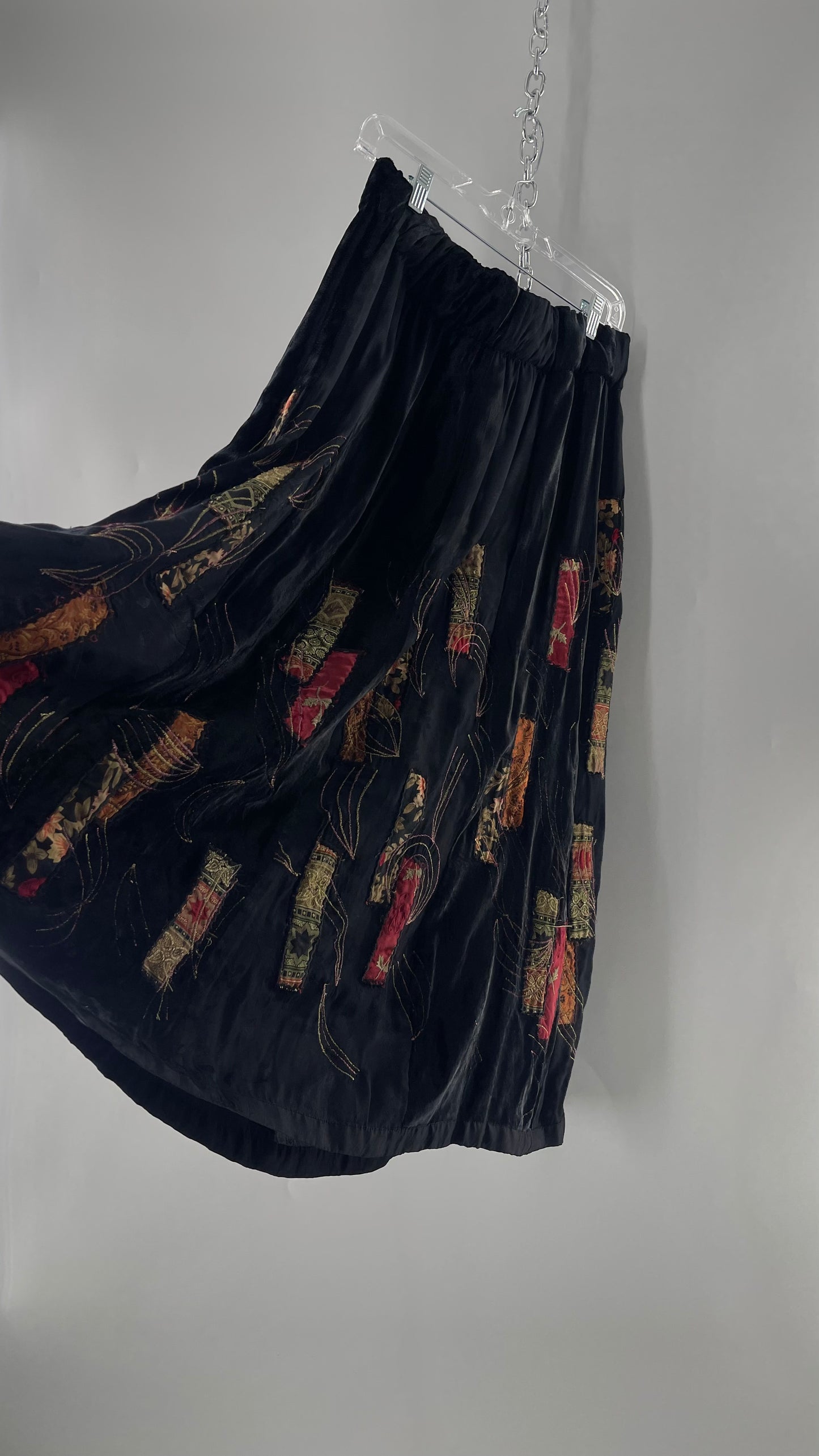 Vintage Black Velvet and Embossed Florals Patchwork Skirt with Metallic Stitch Detailing with Lining and Thick Waistline (M)