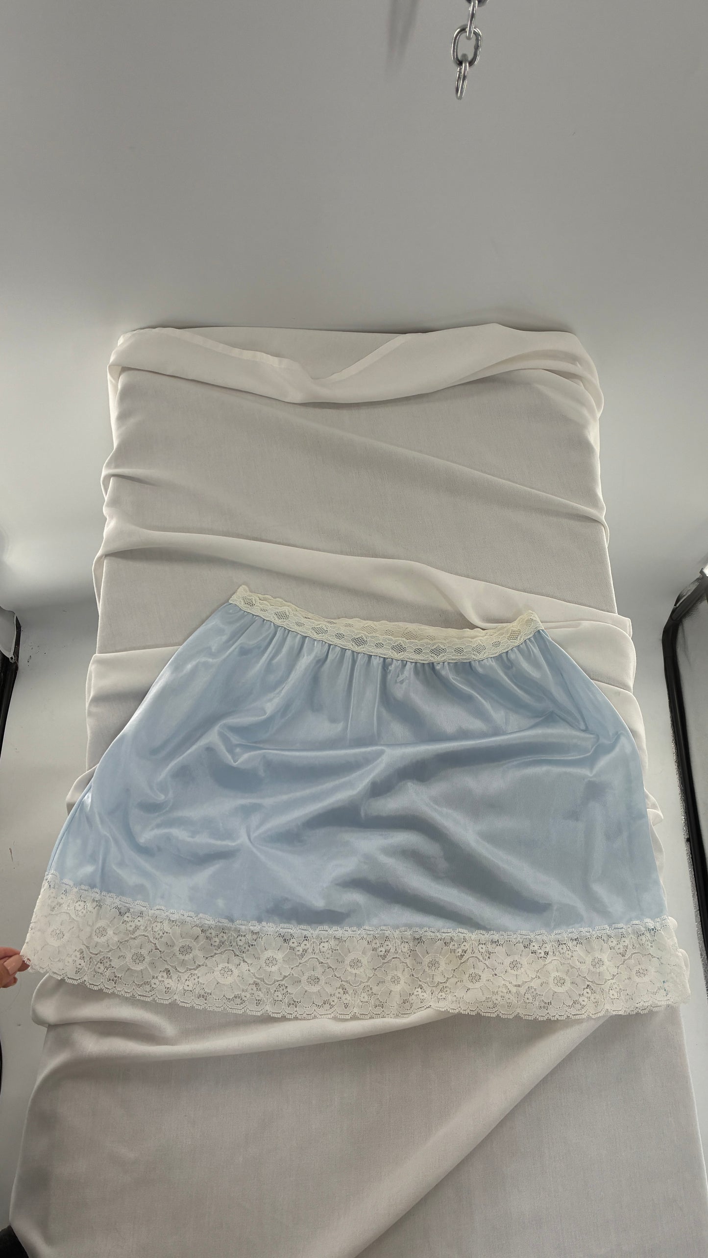 Vintage VELROSE Baby Blue Mini Skirt with Thick White Lace (Large)