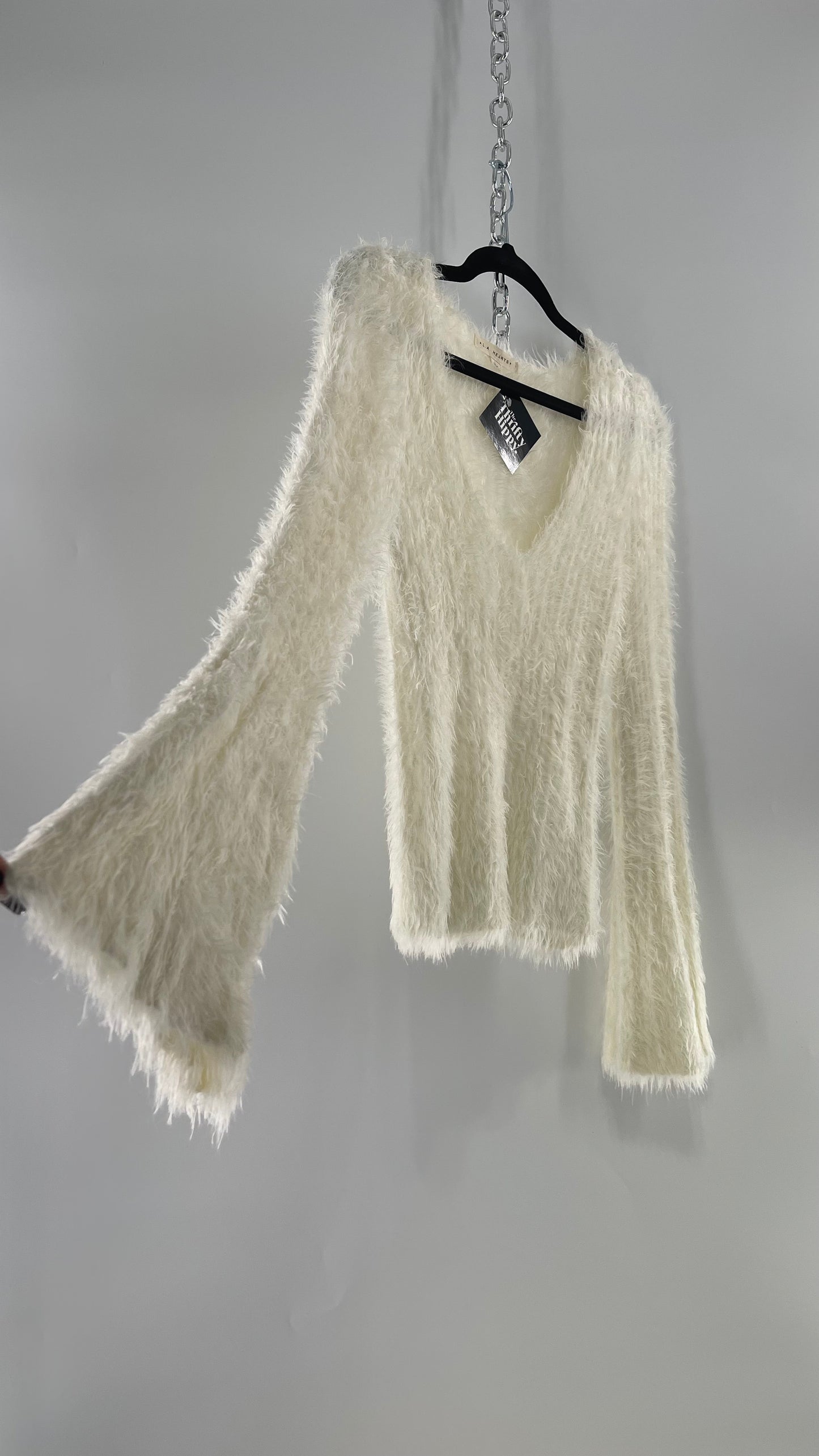 LA Hearts White Fuzzy Bell Sleeve V Neck Sweater (Large)