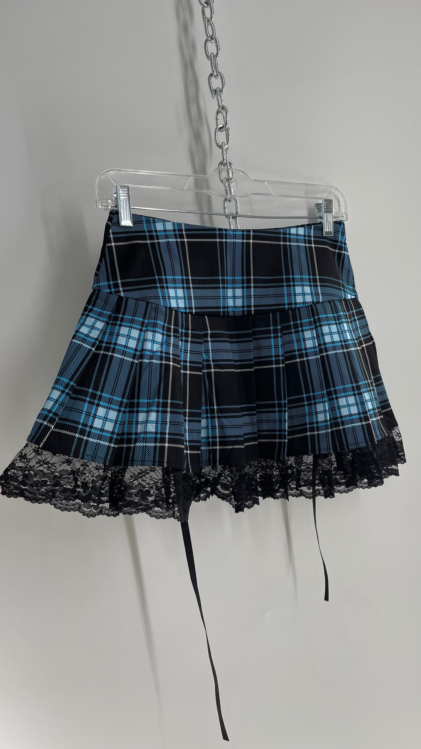 Vintage Blue Black Tartan Lace Up/Lace Trim Pleated Mini Skirt (Small)