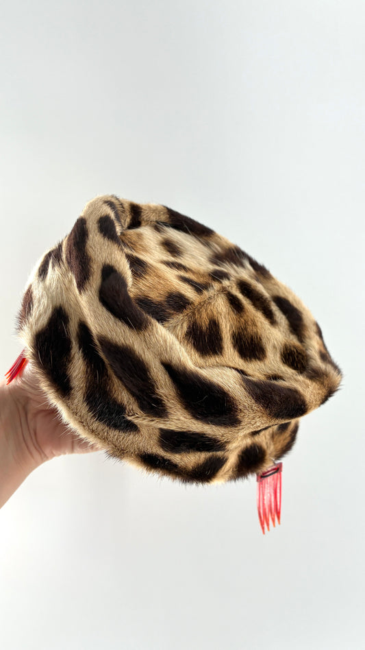 Vintage Cheetah Printed Genuine Fur Clip on Pill Box Hat