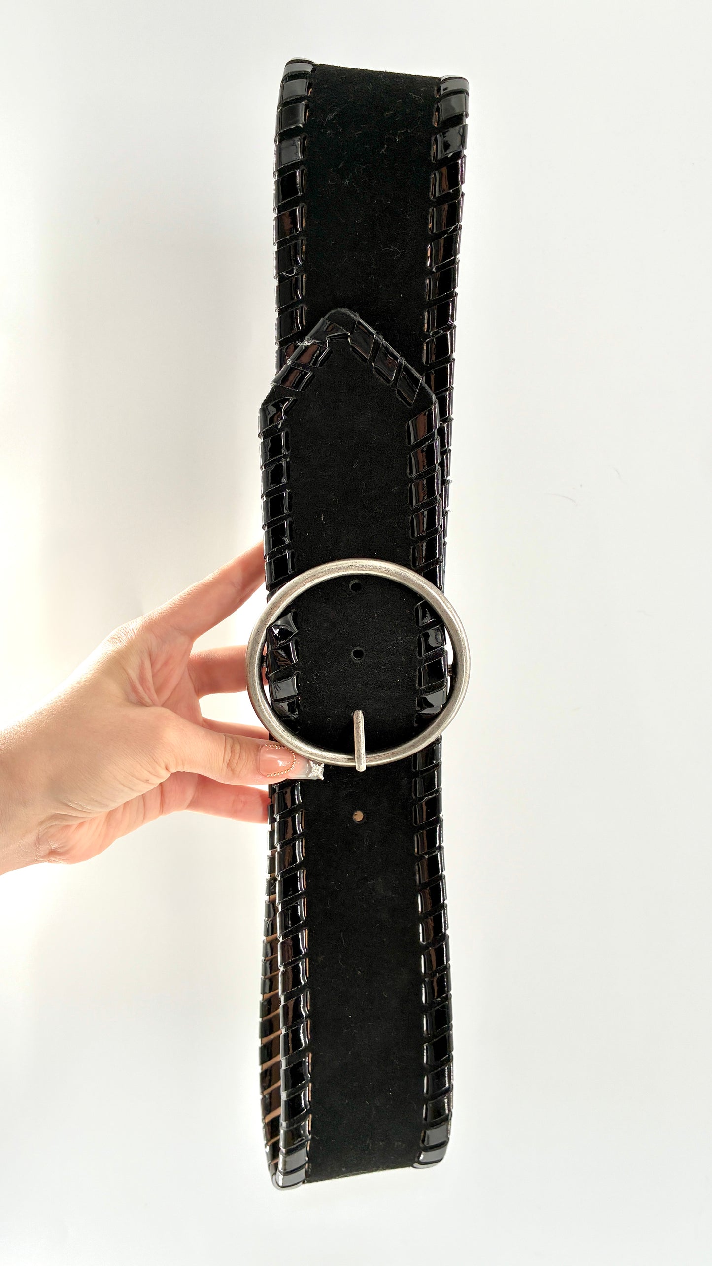 Vintage BUCKLE Black Genuine Suede Leather Wide Hip Belt with Oversized Silver Circle Buckle (XL)