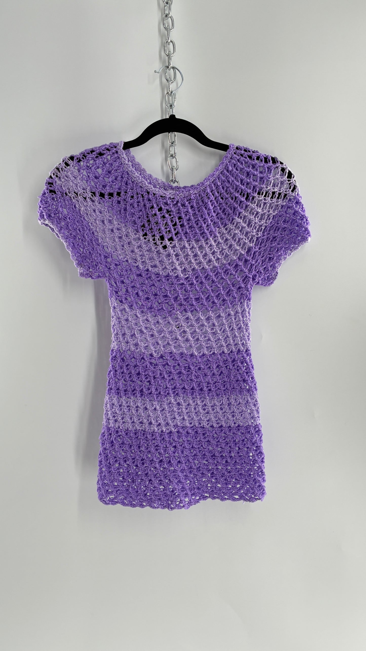 Vintage Handmade Striped Lilac and Purple Crochet Puff Sleeve Top (Small)