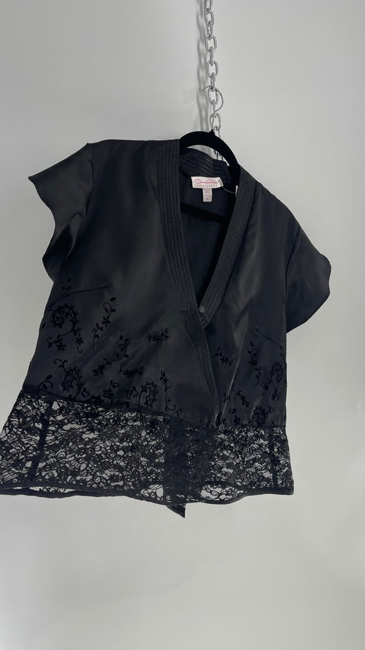 Oscar De La Renta Black Silky Lace Hem, Embroidered Kimono Style Top (XL)