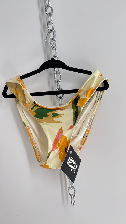 L*SPACE Full Cut Off White Tropical Print Bikini Bottoms (Small)