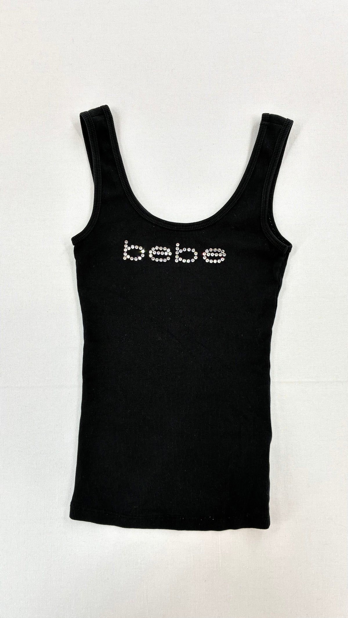 Vintage BEBE Black Ribbed Tank Top with Rhinestone Logo (XS)