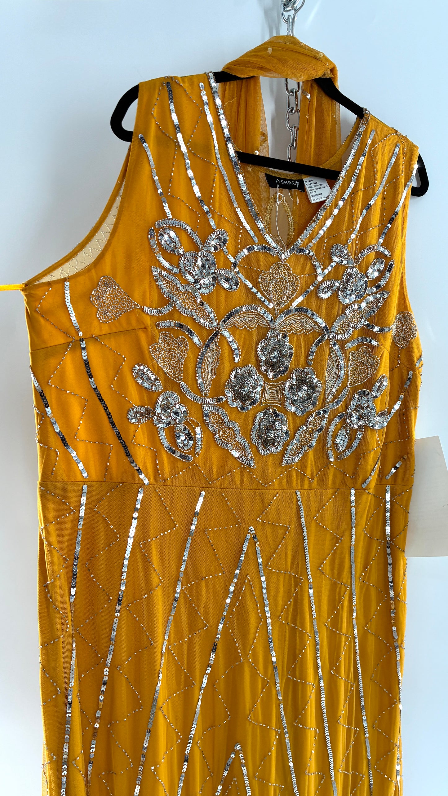 Deadstock Vintage ASHRO 1990s Mustard Yellow Dress with Sheer Back, Neck Scarf and Silver Beading (XXL)