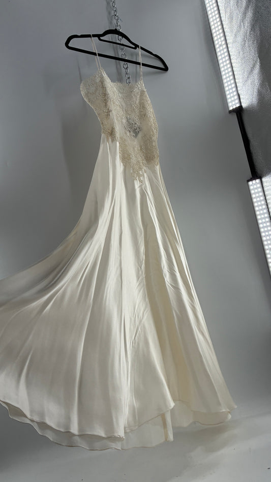 Vintage JONQUIL 100% Silk Gown with Heavy Lace Appliqués  and Low Cut Sheer Back (Medium)