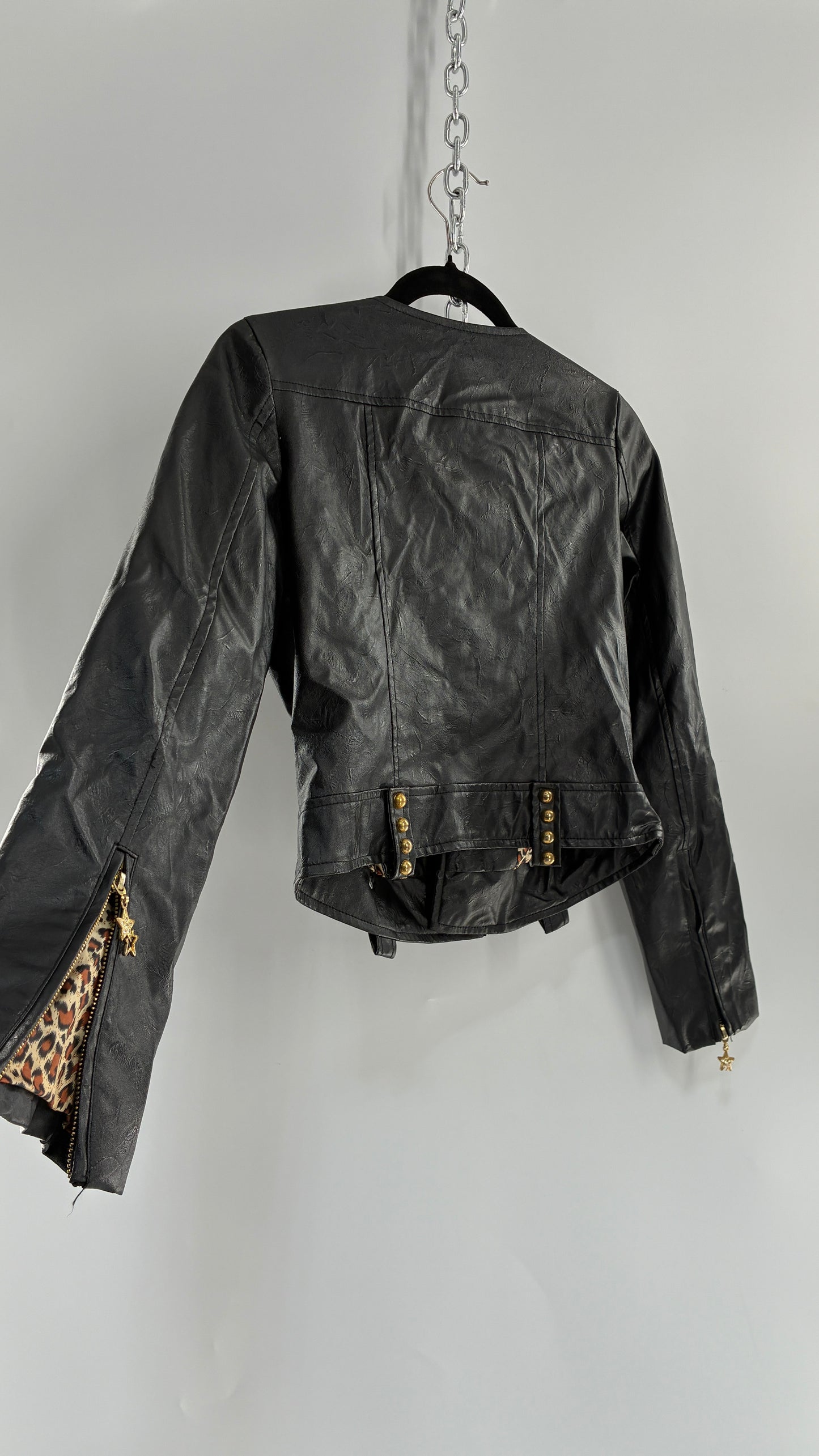 Vintage Black Vegan Leather Jacket with Oversized Lapel, Belt Loops and Pockets Covered in Heavy Duty Gold Studs (Small)