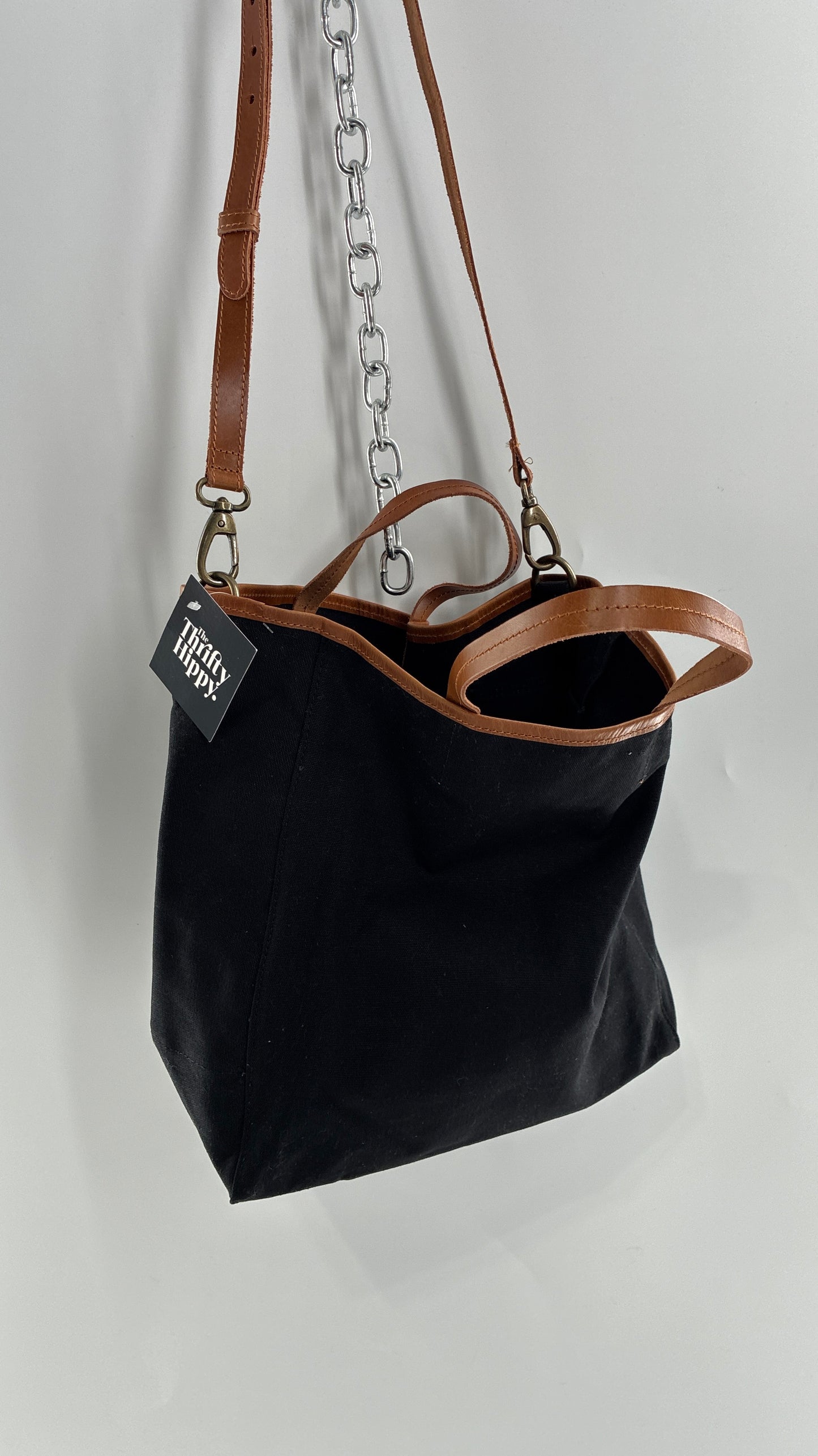 Urban Outfitters Large Black Cotton Tote Bag with Inner Pockets, Genuine Leather Lining and Straps