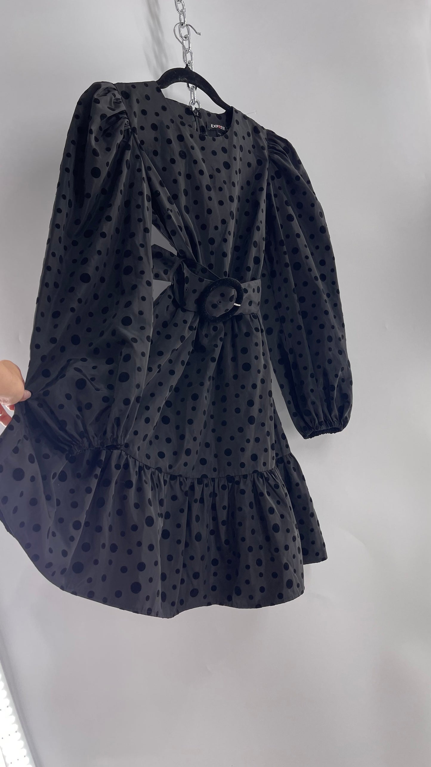 Express Black Taffeta Flare Out Dress with Balloon Sleeves, Velvet Polka Dot Pattern and Round Velour Belt Buckle  (XS)