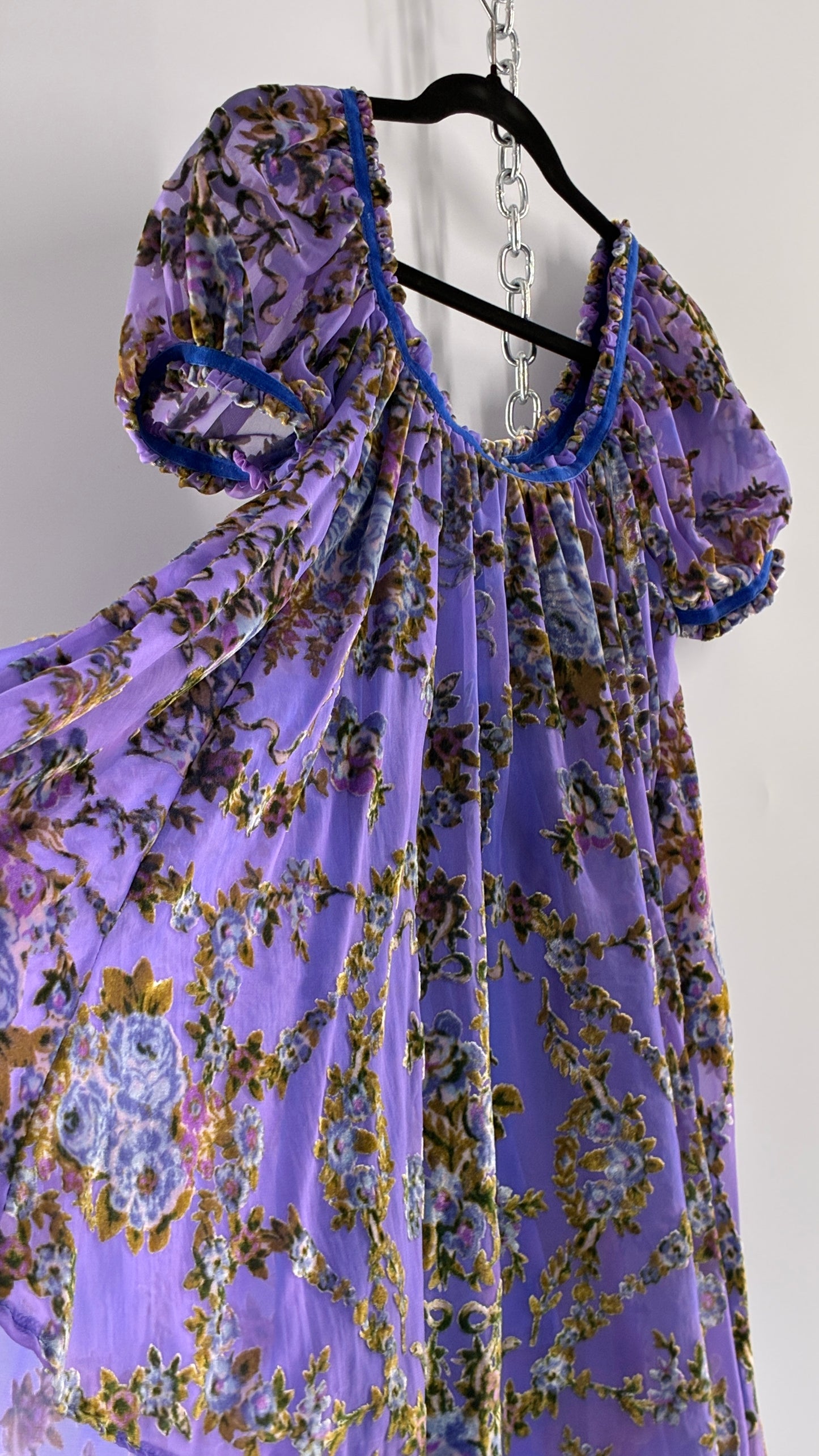 Free People Royal Blue Velour Floral and Bow Puff Sleeve Babydoll Mini Dress (XS)