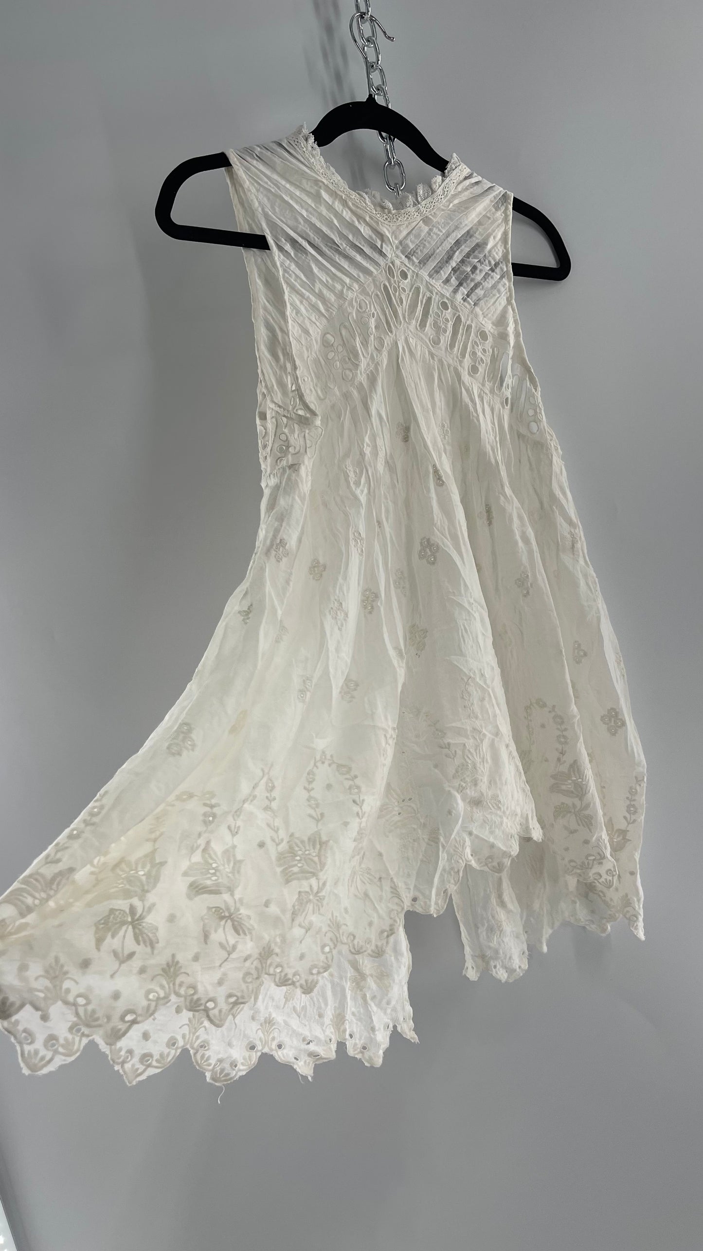 Free People White Cotton Eyelet Embroidered Lace Tank with Pleating, Buttoned and Slit Back (Small)