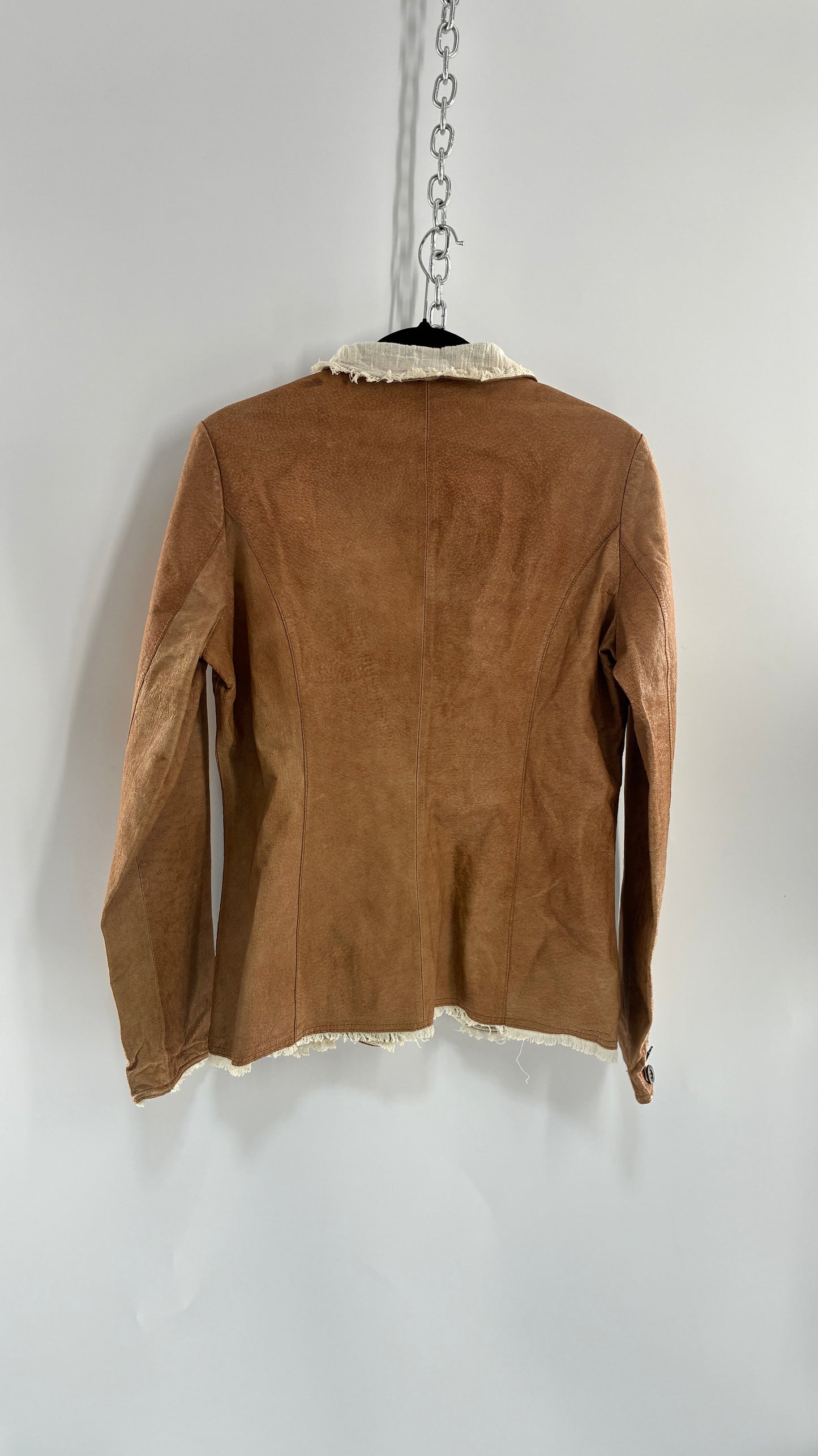 Vintage JAKETT Tan Leather Jacker with Cotton Raw Edge Trim+ Lining and buttoned Cuffs (Medium)