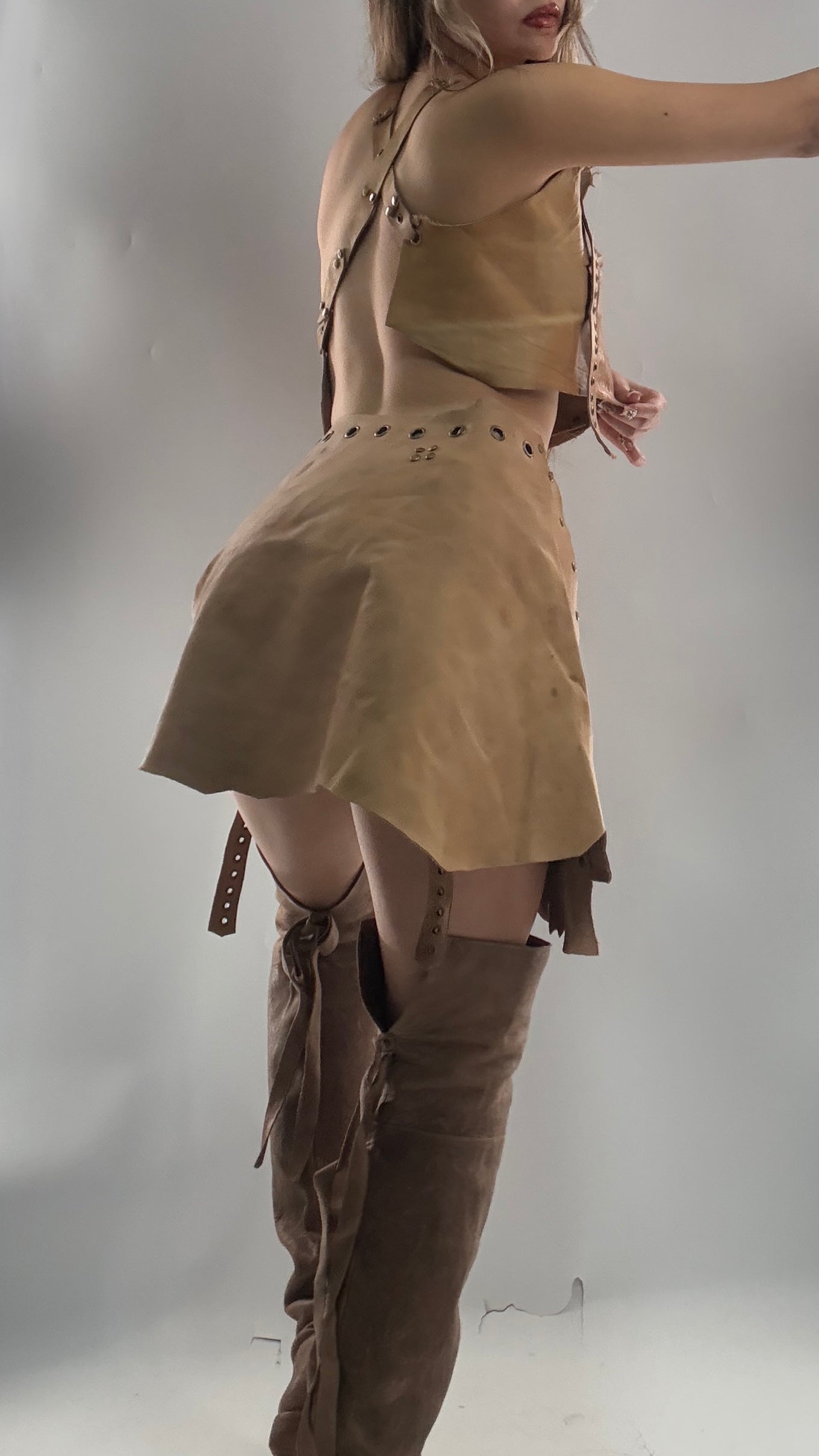 CUSTOM Handmade Rugged and Reversible Distressed Leather Two Piece Set with Grommet Waistband (XS-XL)