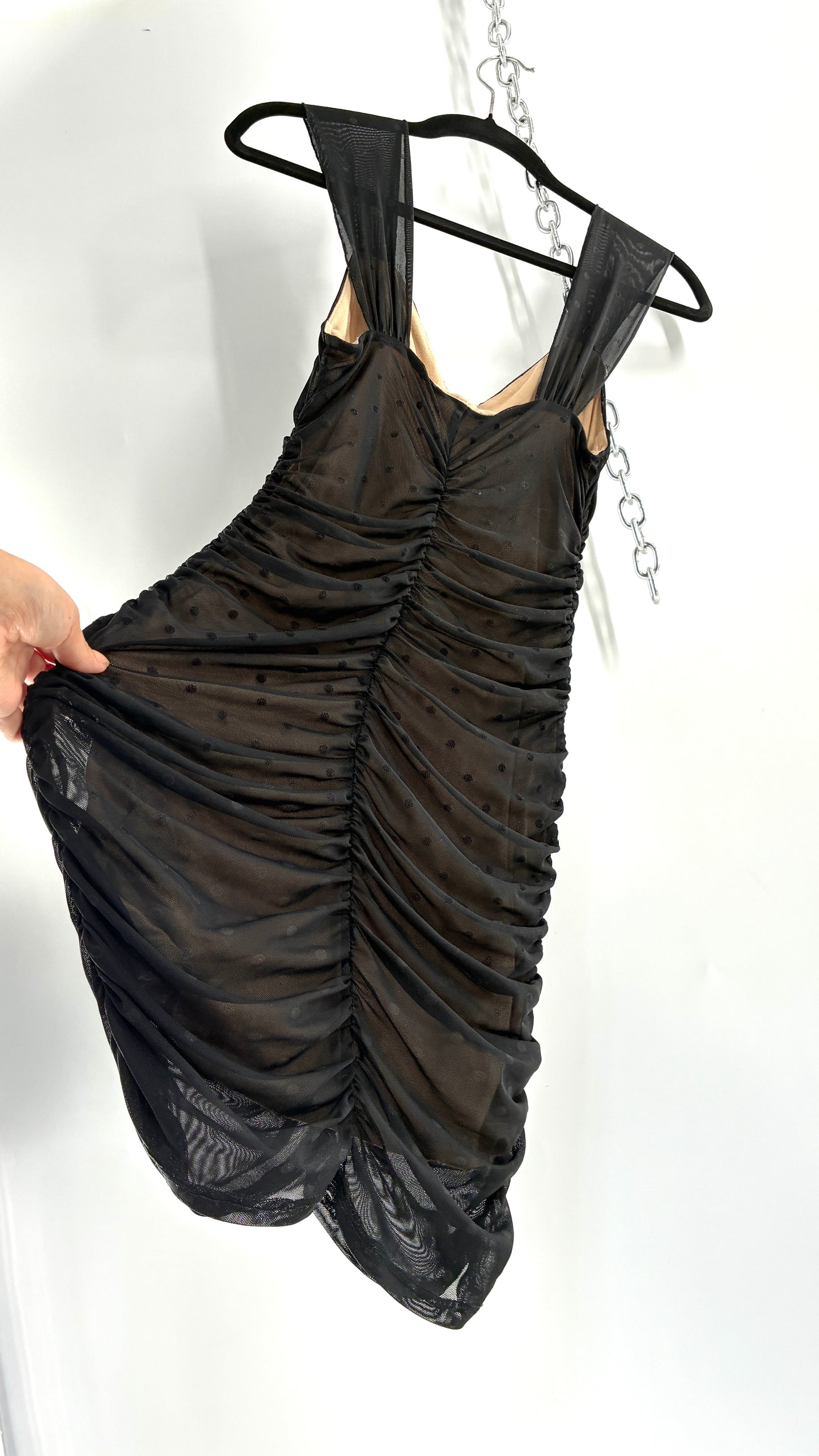 Urban Outfitters Nude Underlay Sheer Black Overlay Polka Dotted and Ruched Bodycon Mini Dress (XS)