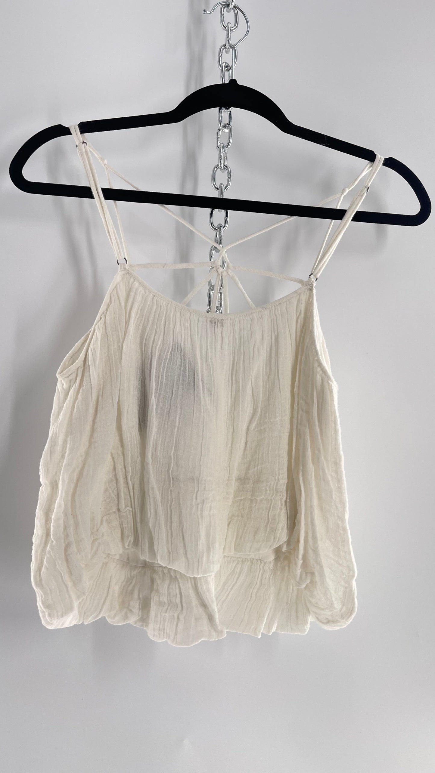 Free People White Cotton Bubble Sleeveless Blouse with Strappy Neckline (M)