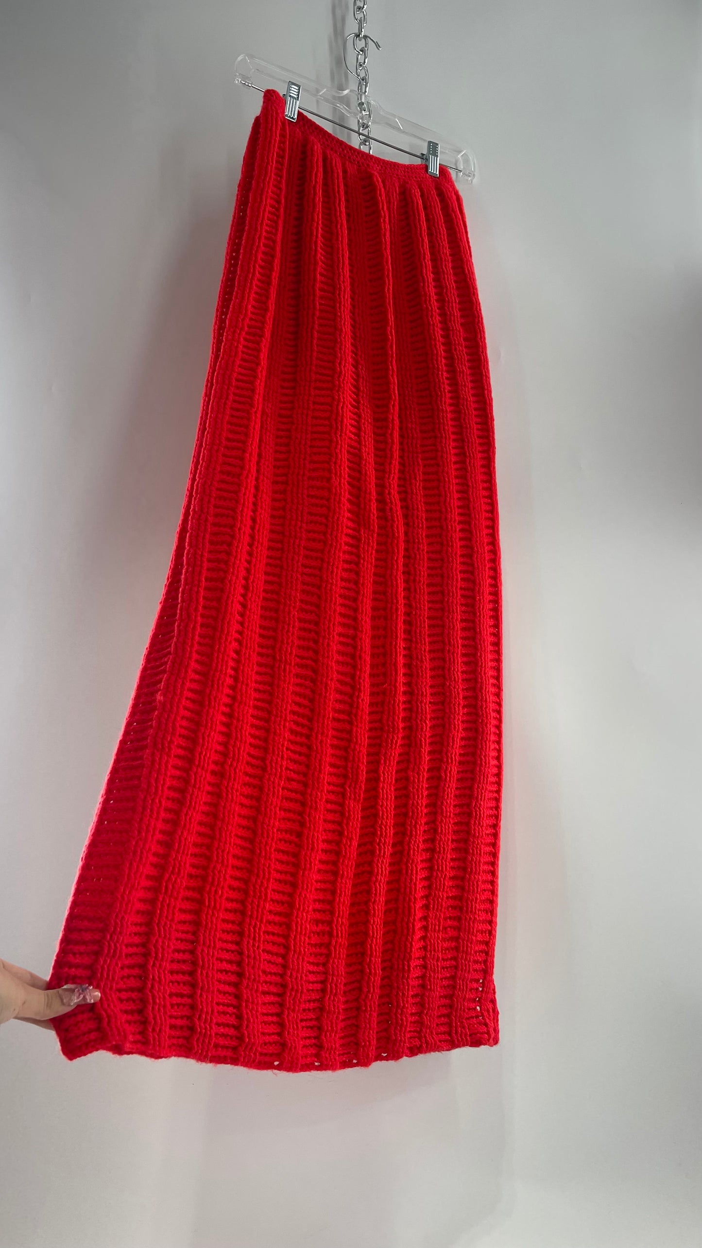 Vintage Hand Knit Red Maxi Skirt (XS)