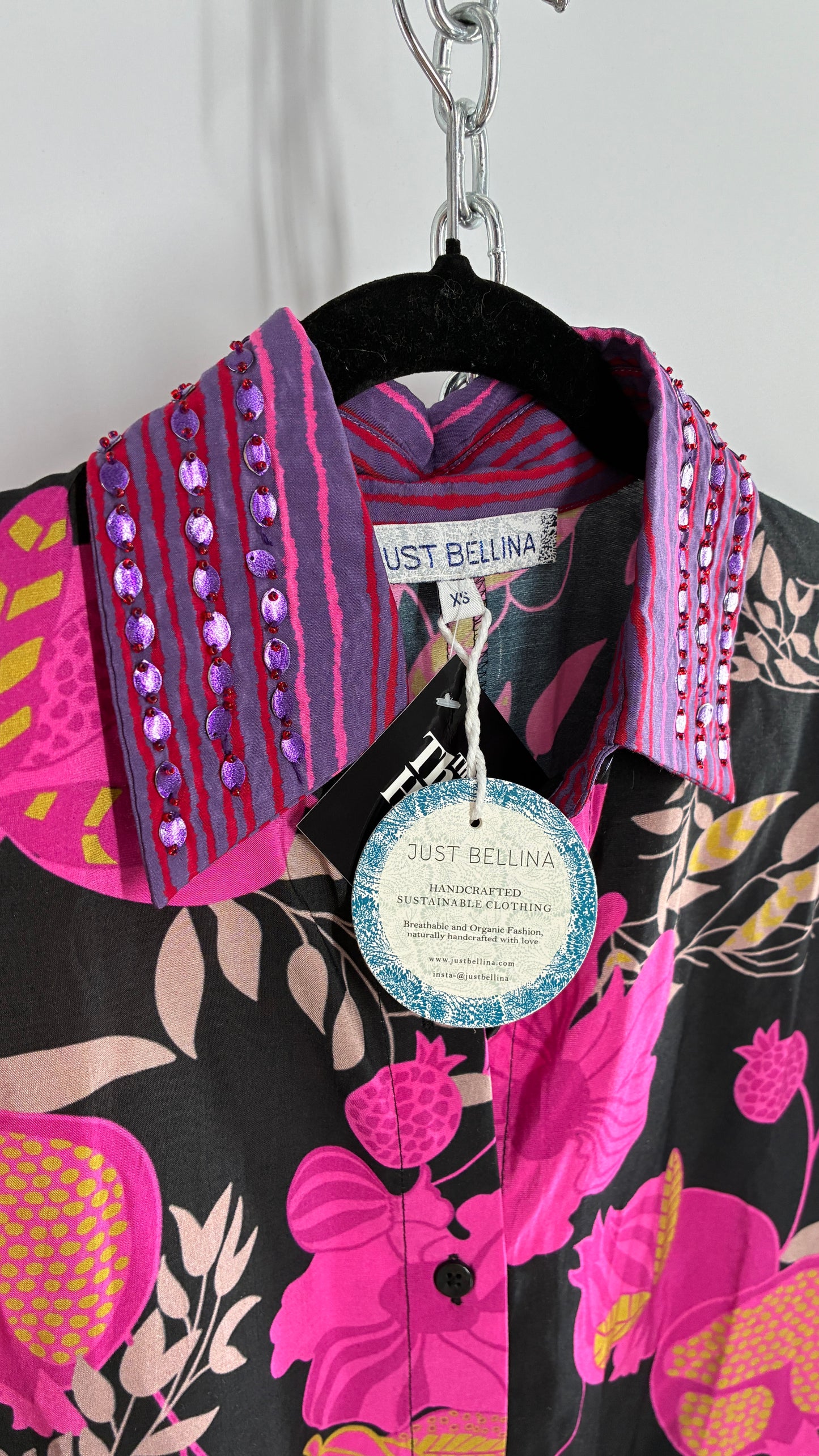 JUST BELLINA Black Oversized Blouse with Exaggerated Sleeves, Embroidered Collar and Tags Attached (XS)