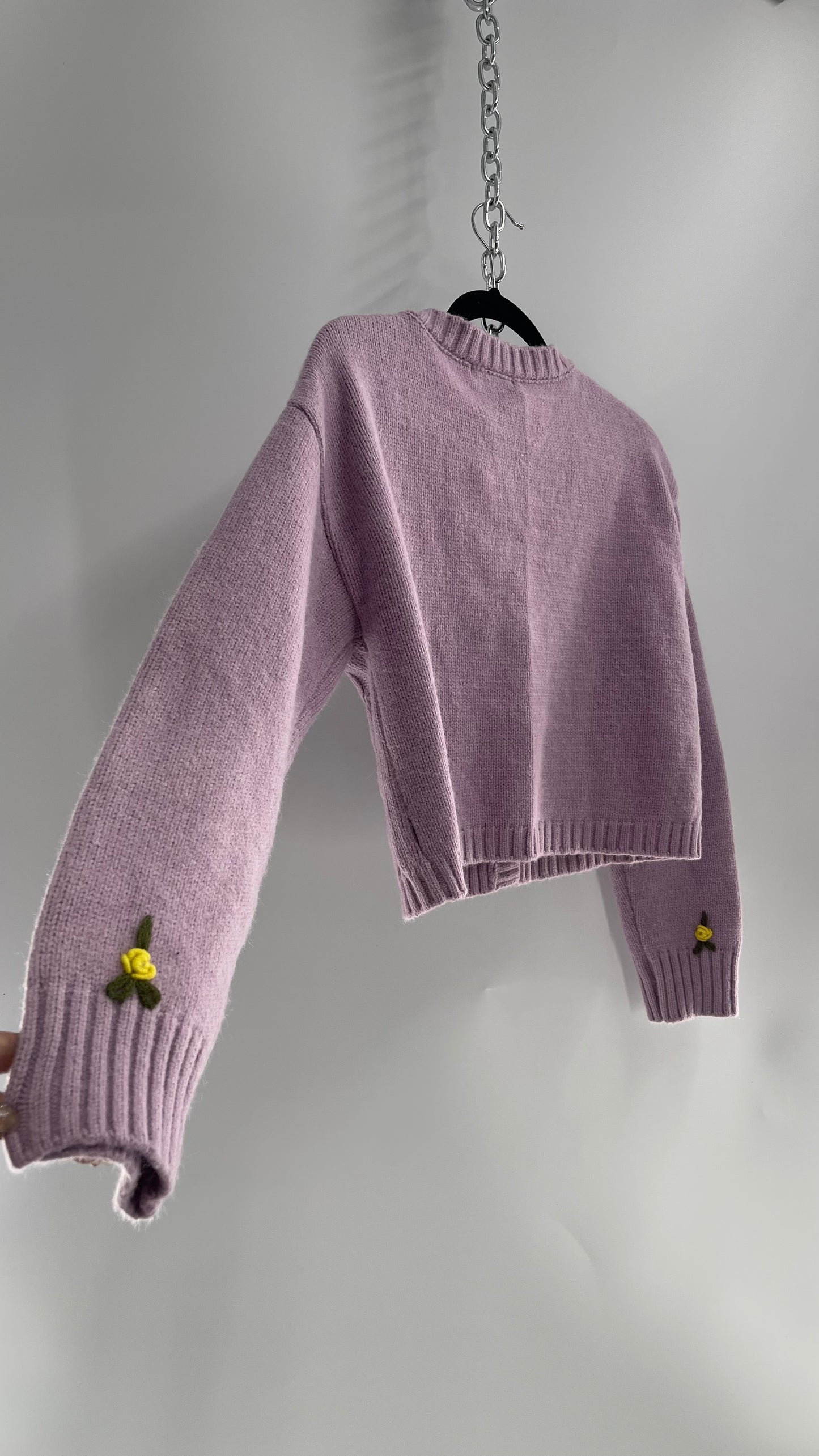 Lilac Thick Knit Cardigan with Tiny Yellow Rosettes and Tags Attached (Medium)