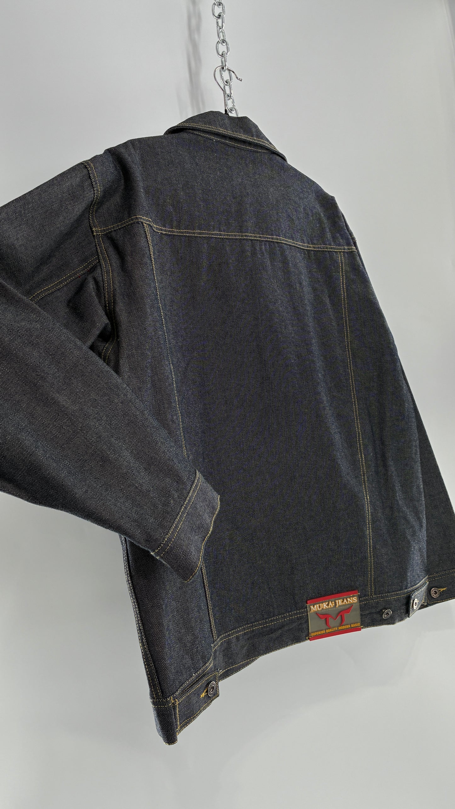 Vintage 1990s MU:KA: JEANS Men’s Dark Wash Japanese Style Denim Baggy Straight Legs and Oversized Jacket Set (L, 32x32)