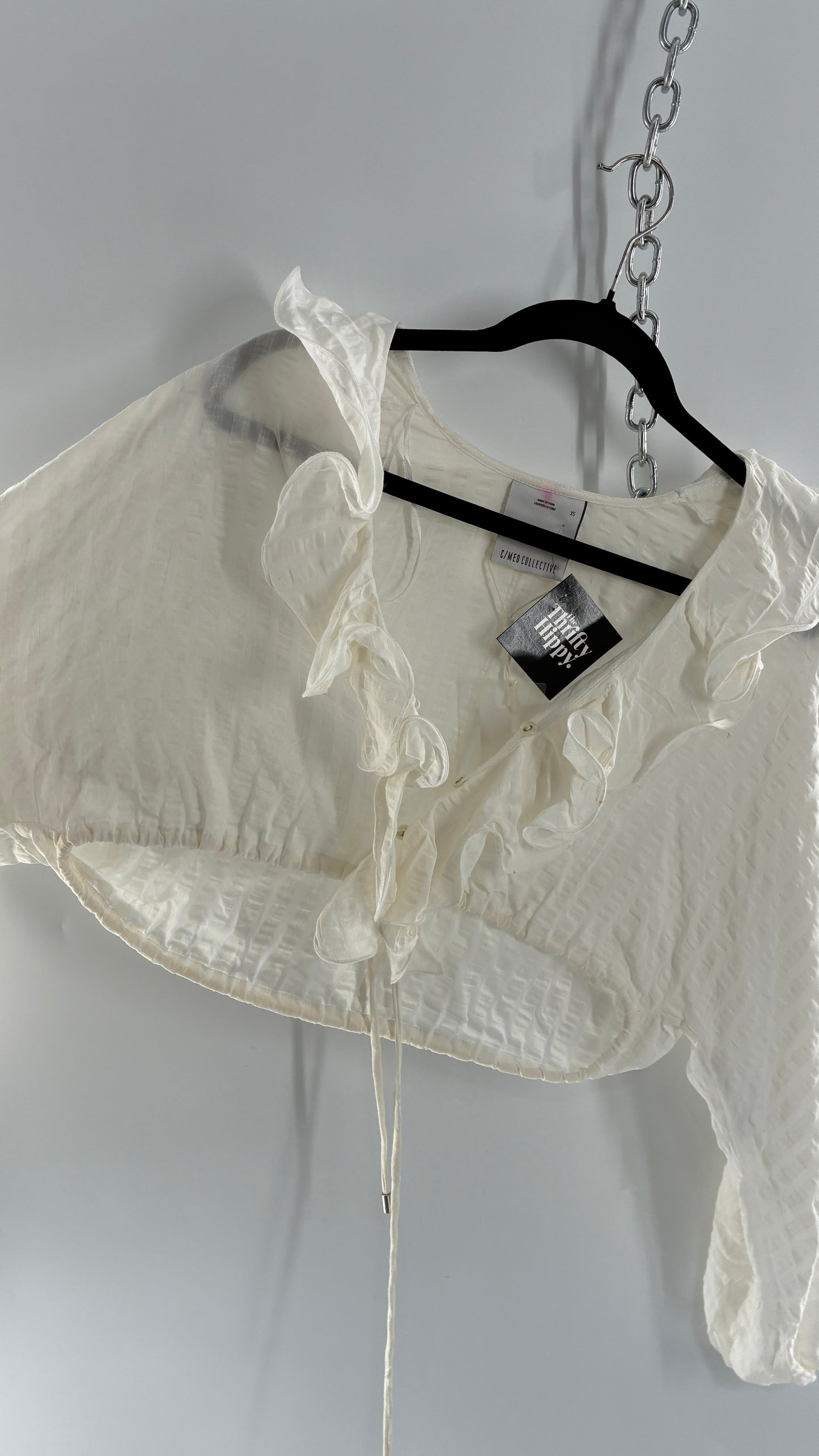 CMEO Collective White Balloon Sleeve Blouse with Ruffled, Button Up Neckline and Adjustable Drawstring Waist (XS 0-2)