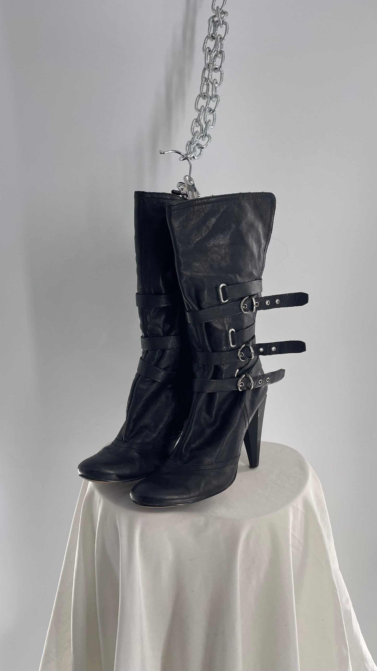 Vintage Black Leather Round Toe Knee High Boot Heel with Multiple Strap/Buckle Details (8.5)