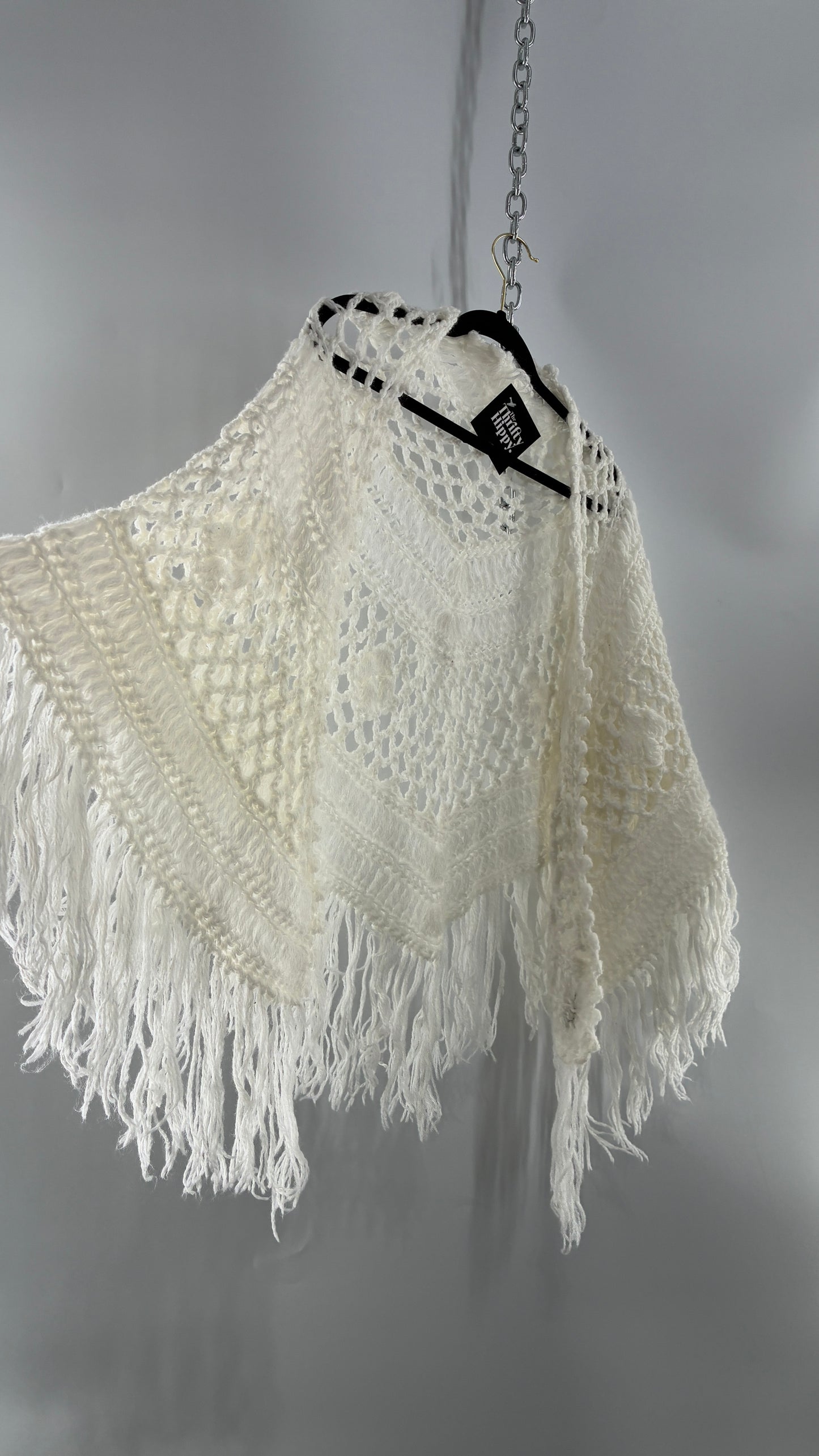 Vintage Off White Hand Knit Scarf Poncho Shawl Cape