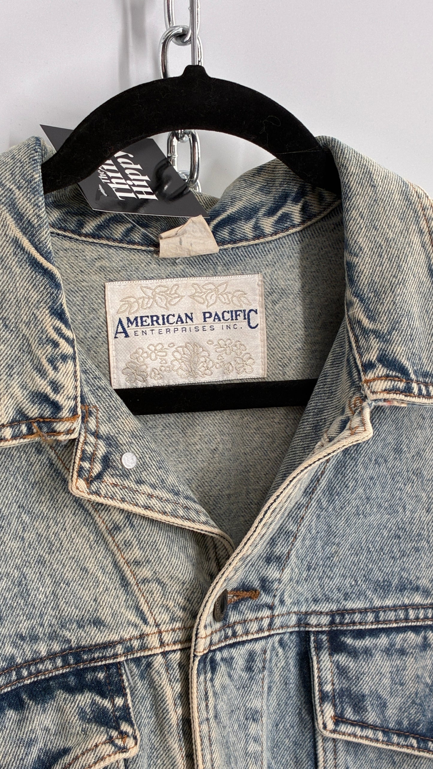 Vintage American Pacific Acid Wash Denim Jacket with Floral Patterned Cuffs (Large)