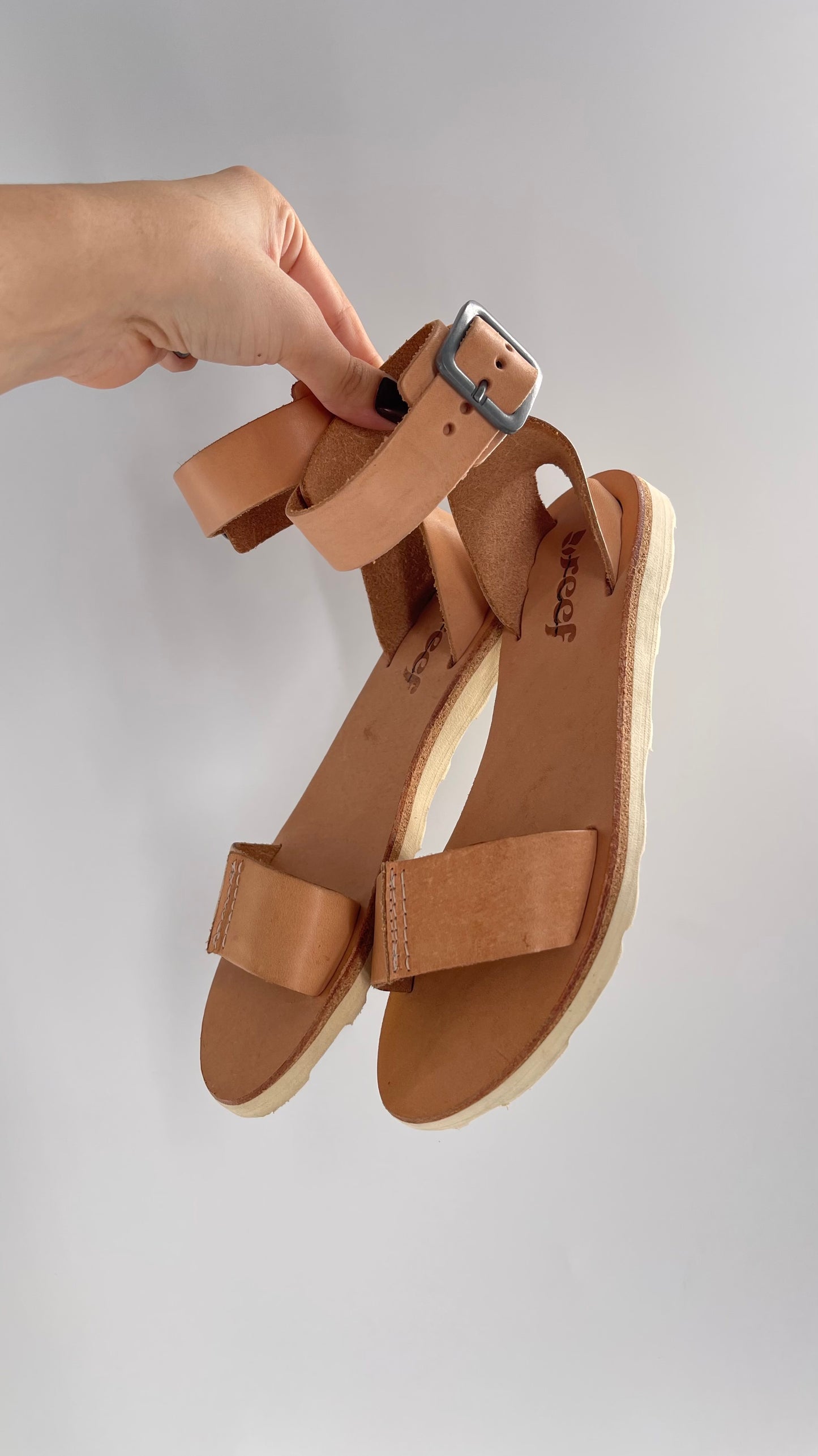 Free People Reef Light Nude / Tan Leather Sandals with Thick Ankle Strapped Buckle (6)