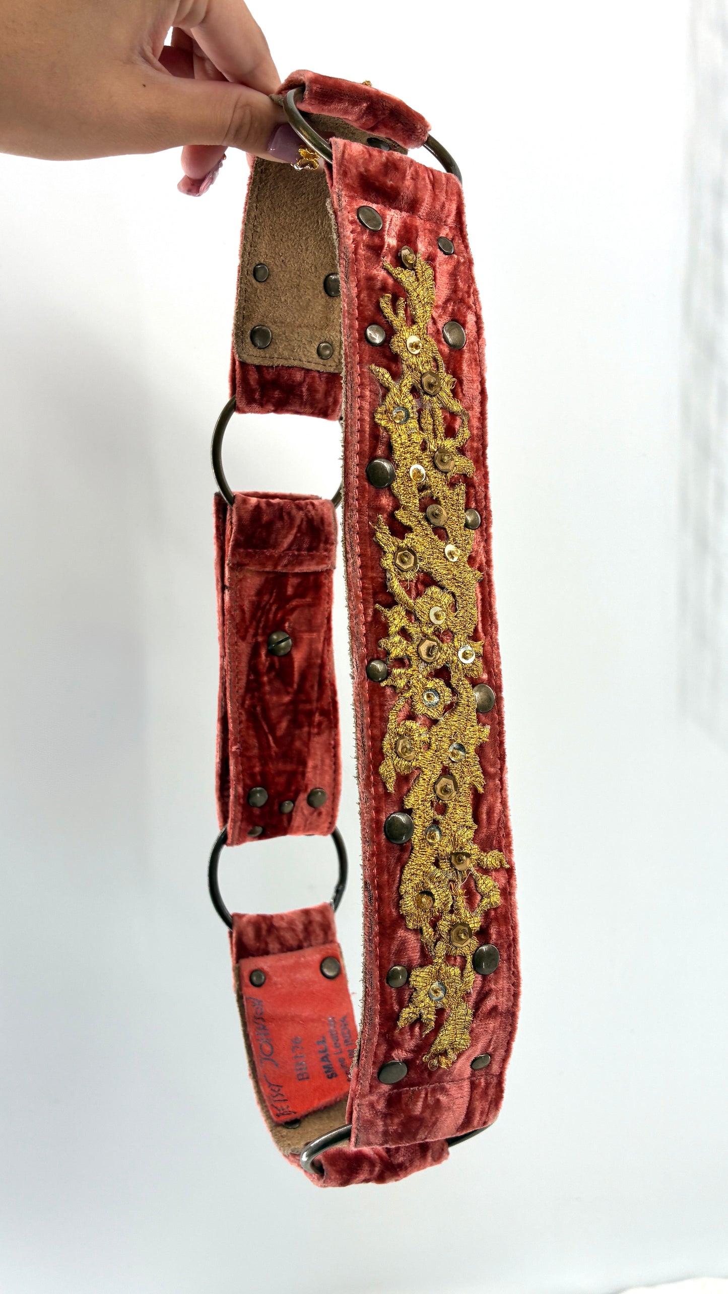 Vintage BETSEY JOHNSON Crushed Velvet Salmon Belt with Gold Appliqué and Metal Studs (Small)