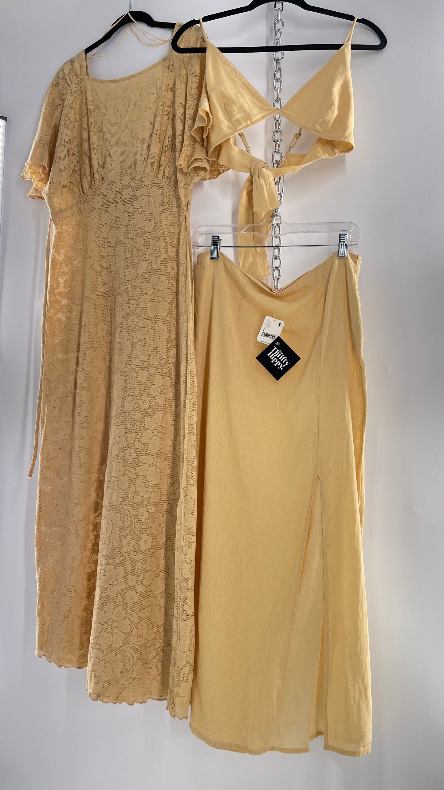 Free People Yellow Lace Gauze Maxi Dress Set with Bralette and Side Grommet Skirt (Large)