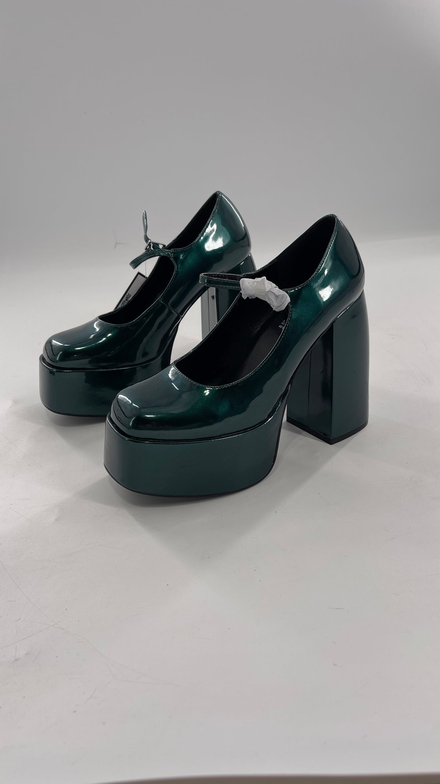 KOI FOOTWEAR Patent Emerald Green Platform Chunky Heel Mary Janes (9/39)