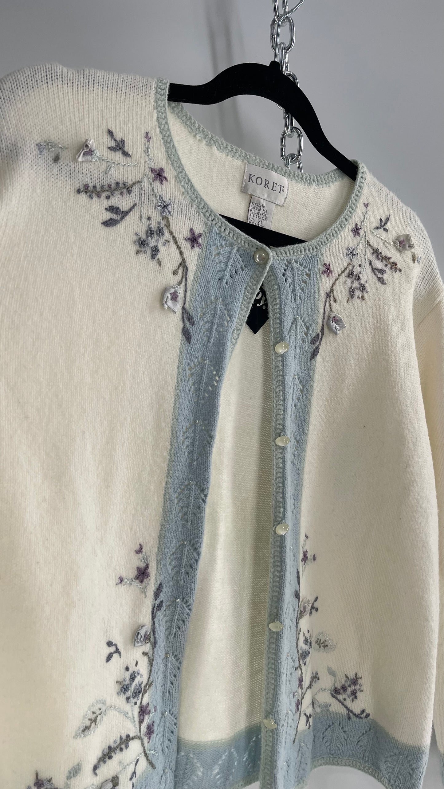 Vintage Cream and Powder Blue Cardigan with Hand Embroidered Details (XL)