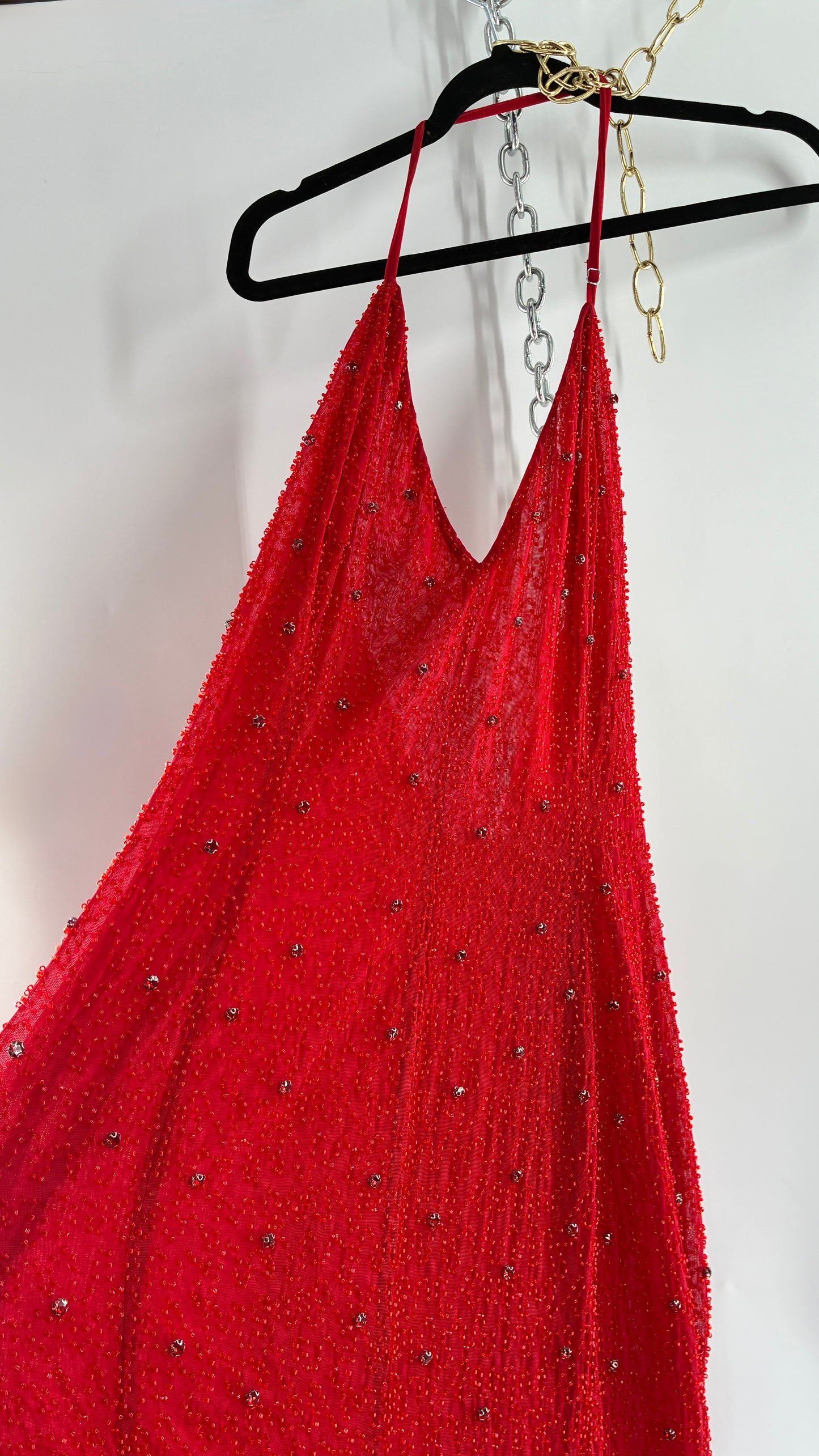 OH POLLY Red Beaded Gown with Ruffled Detailing NWOT (14)