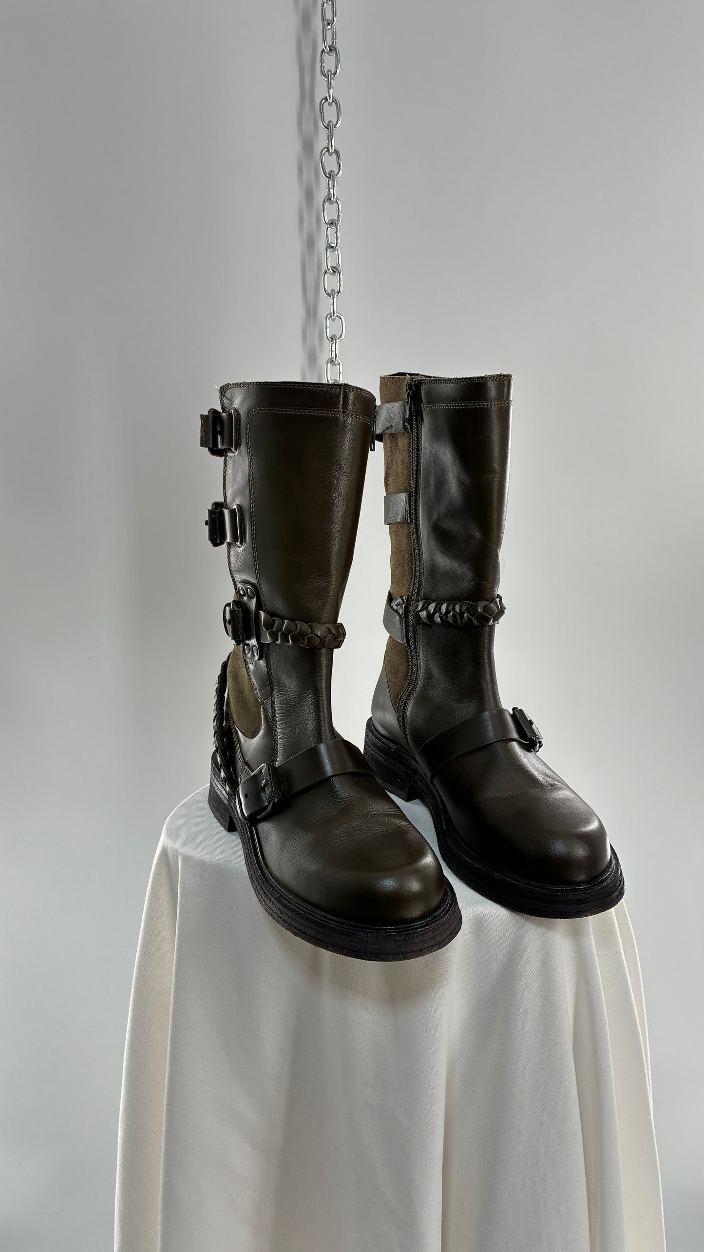 Free People Billie Olive Green Moto Boots with Buckle Closure (7)