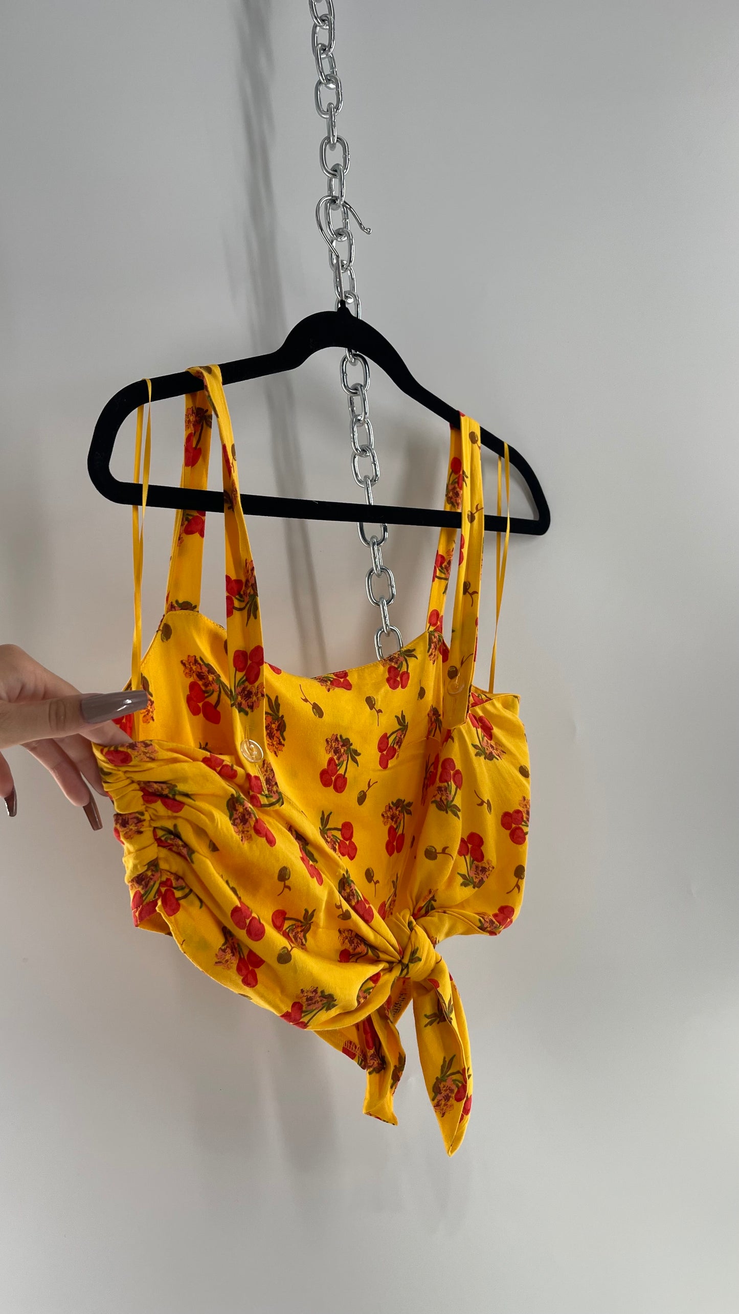 Urban Outfitters Yellow Cherry Printed Crop with Tie Back Top (XS)