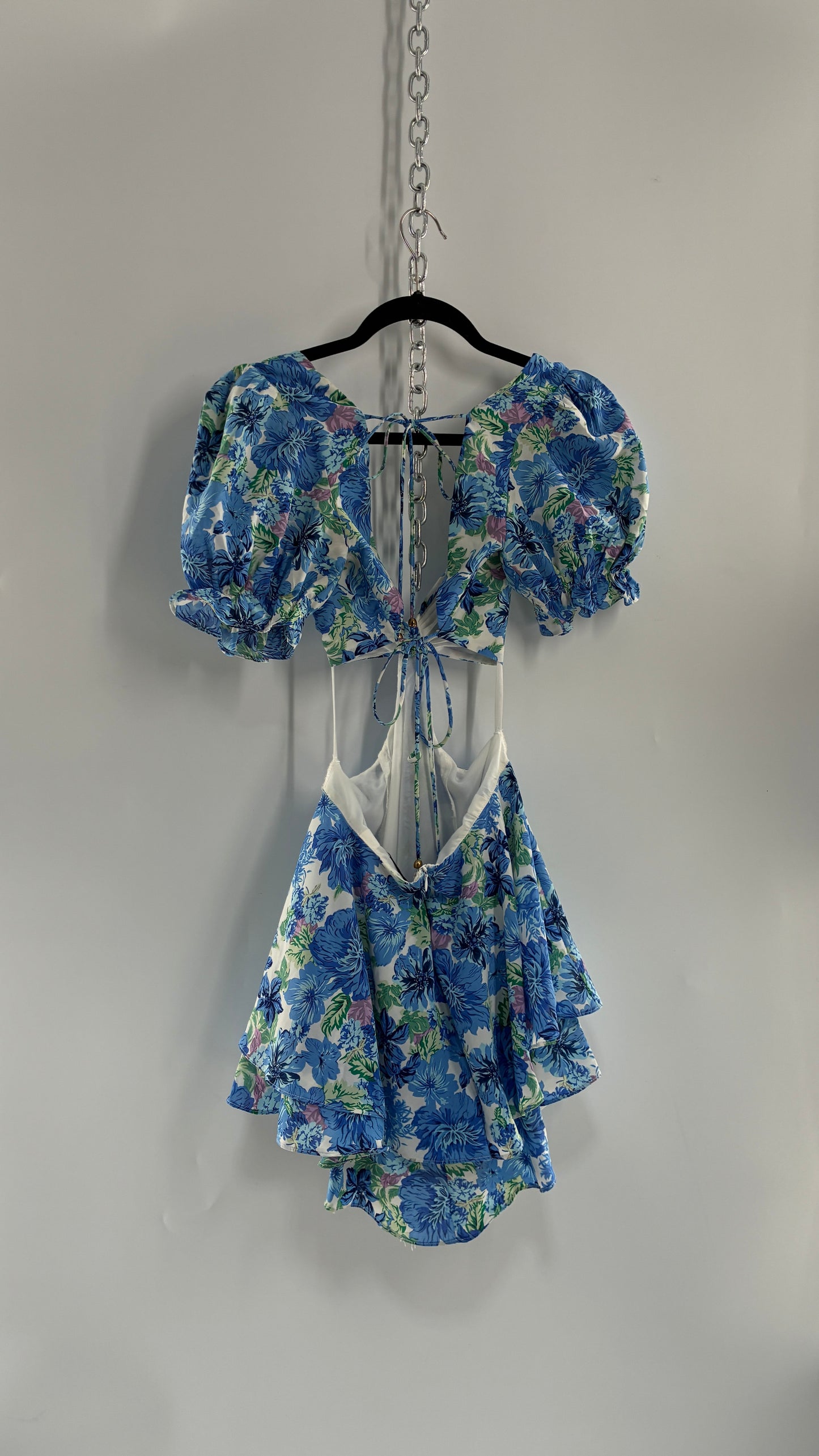 Hello Molly Blue Puff Sleeve Mini Dress with Completely Ruffled Sides and Tags Attached (XS)
