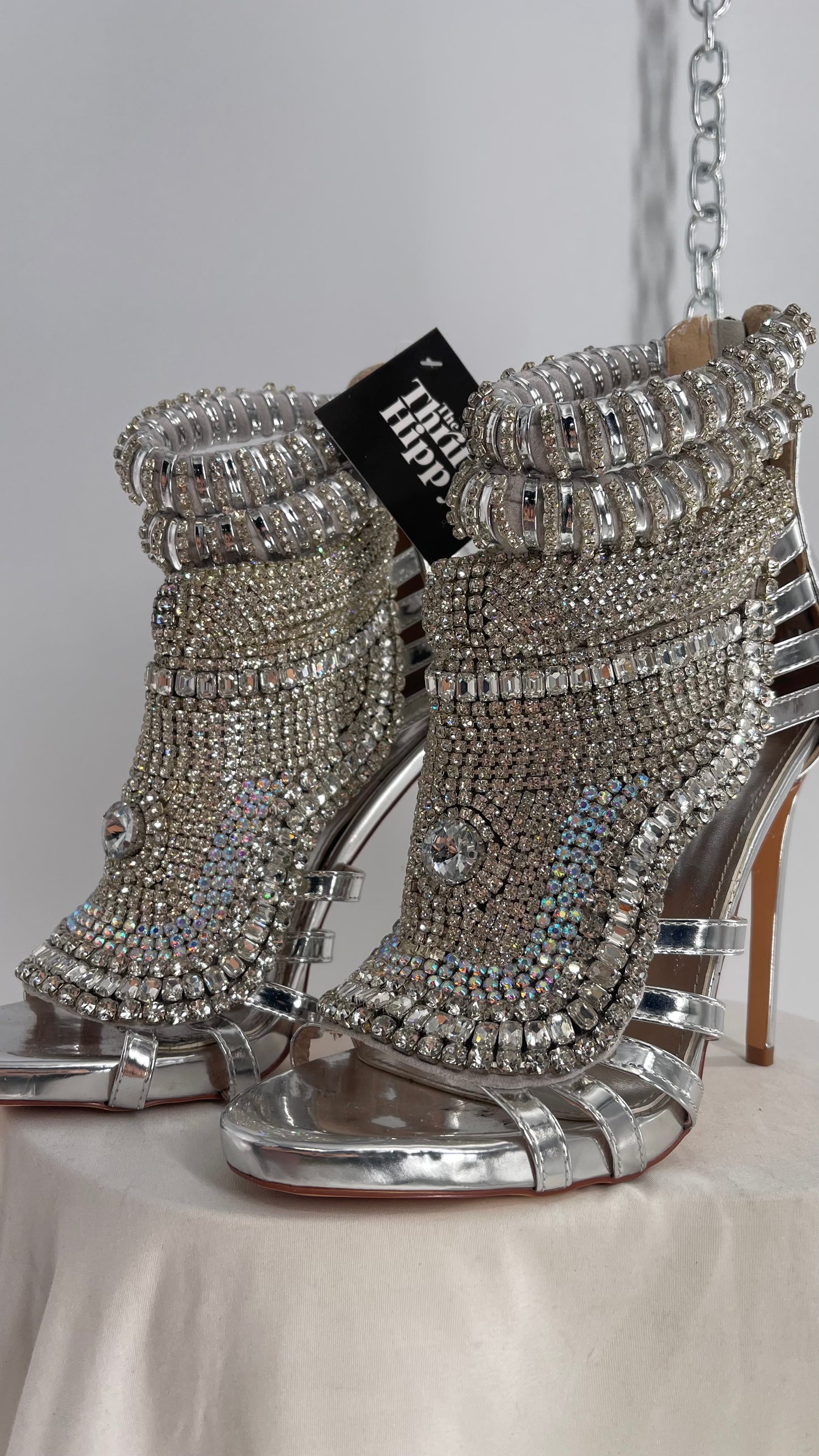 AZALEA WANG Platinum Silver Pusher Crystal Rhinestone Embellished Heel with Ankle Straps (10)