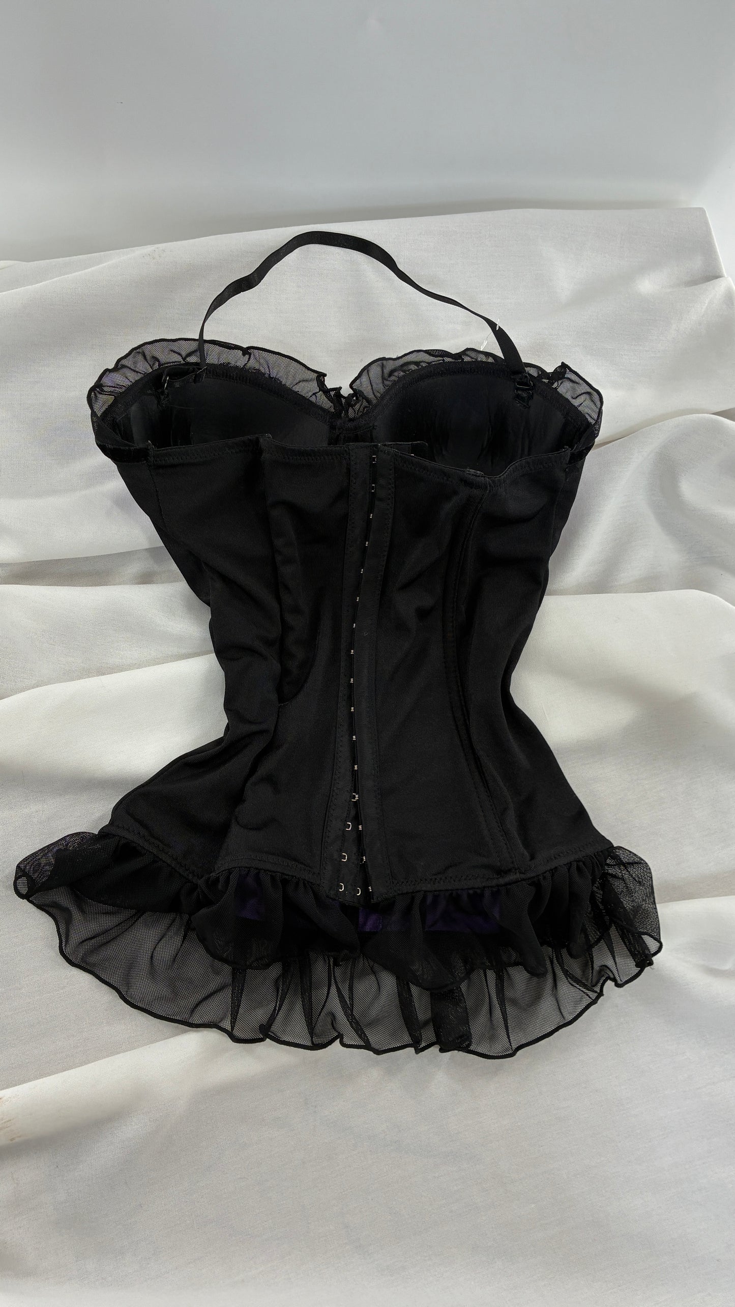 Vintage BLACK FUCHSIA Black and Purple Corset with Ruffled Hem and Underbust Bow (Medium)