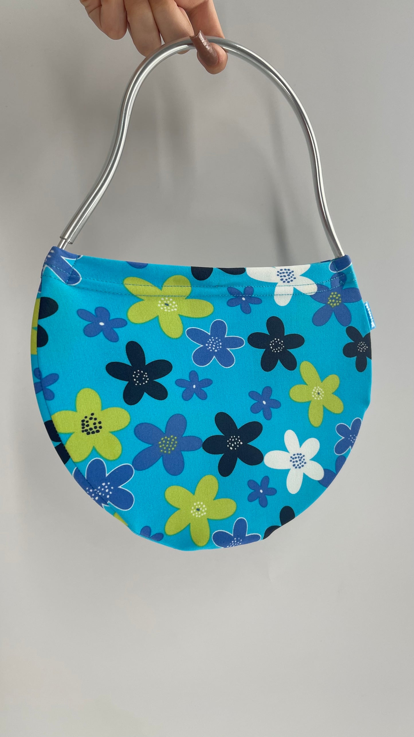 Vintage VALDESIGN Half Circle Blue Floral 2D Hand Bag with Metal Abstract Handbag