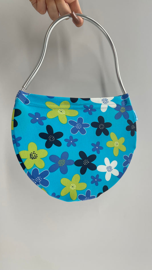 Vintage VALDESIGN Half Circle Blue Floral 2D Hand Bag with Metal Abstract Handbag